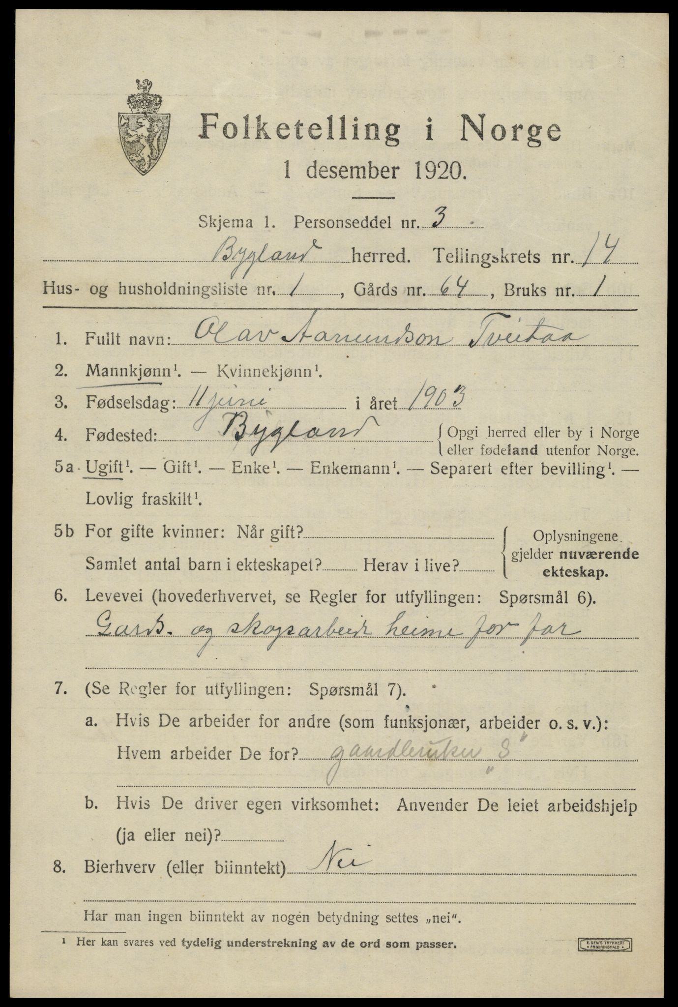 SAK, 1920 census for Bygland, 1920, p. 5915