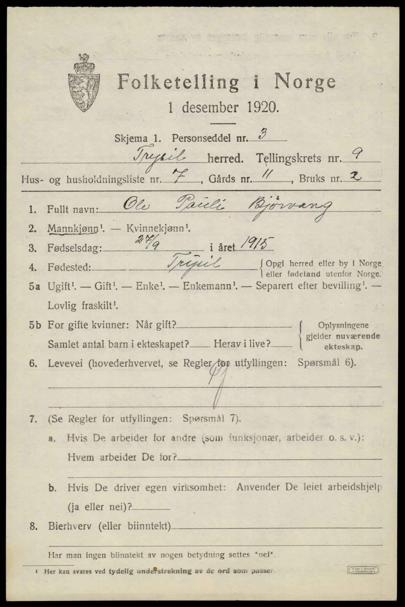 SAH, 1920 census for Trysil, 1920, p. 6627
