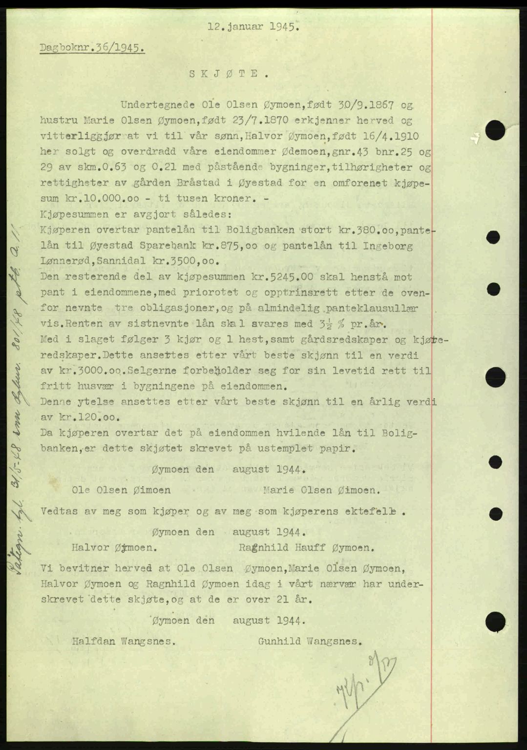 Nedenes sorenskriveri, SAK/1221-0006/G/Gb/Gba/L0052: Mortgage book no. A6a, 1944-1945, Diary no: : 36/1945