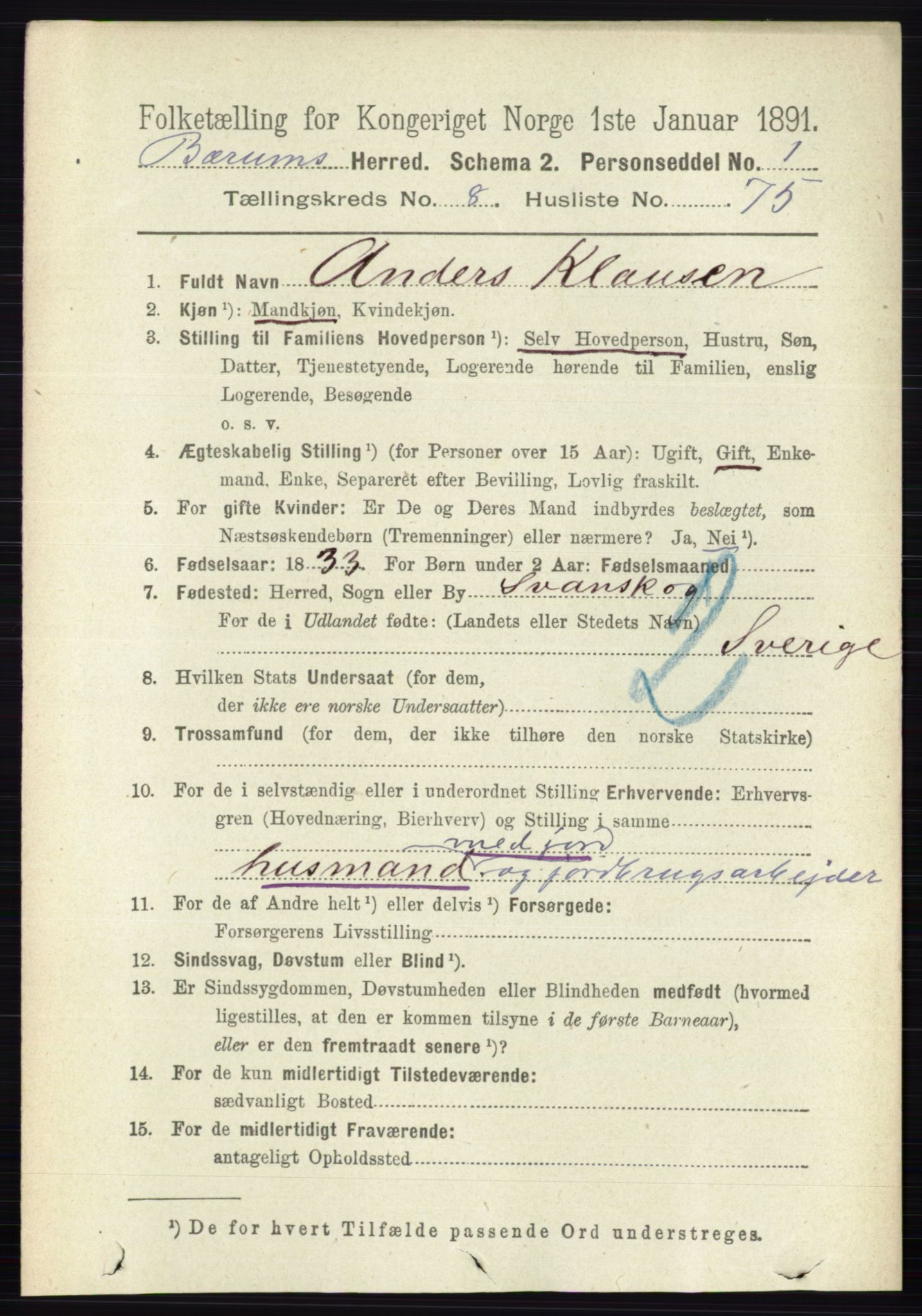 RA, 1891 census for 0219 Bærum, 1891, p. 4969