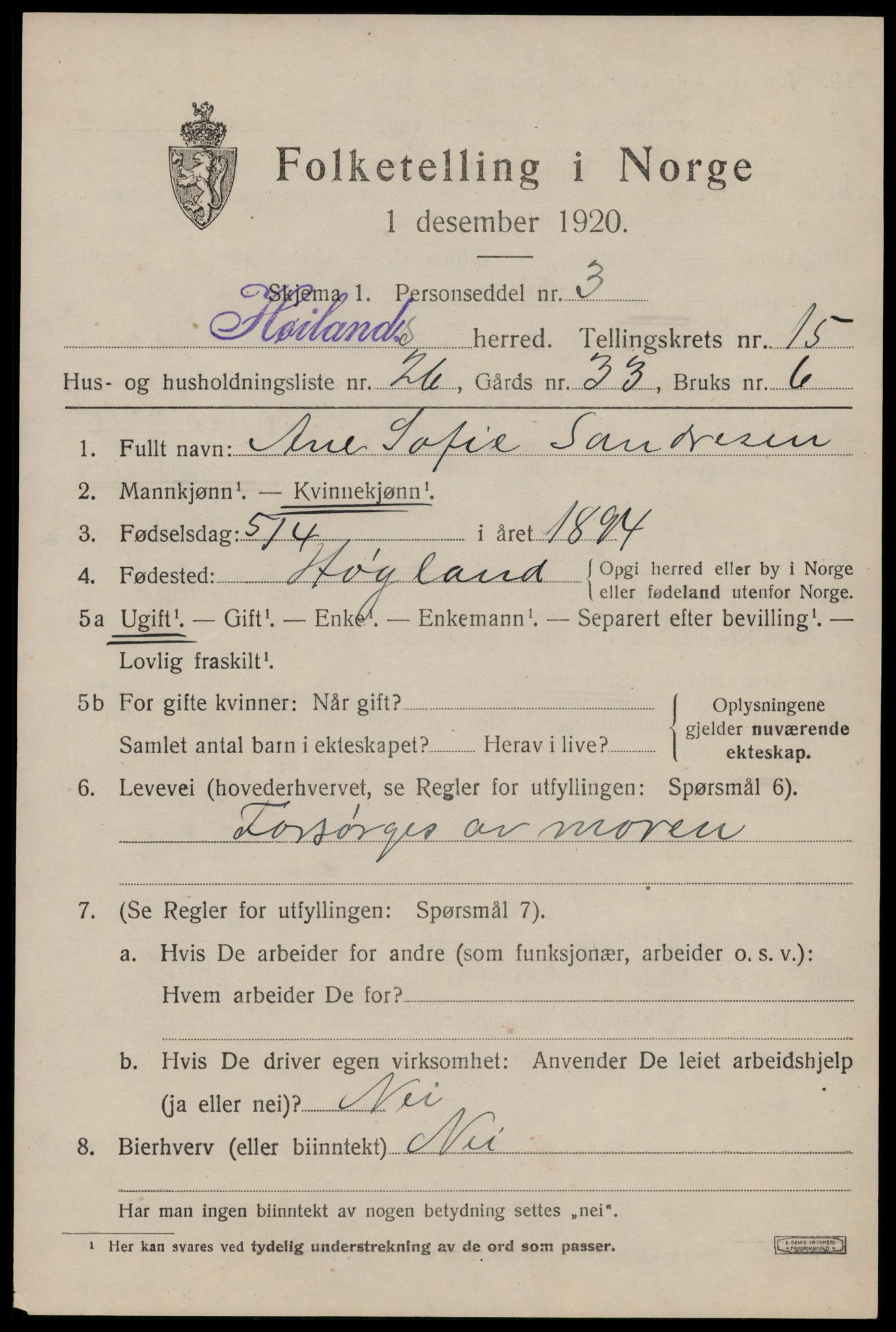 SAST, 1920 census for Høyland, 1920, p. 13988