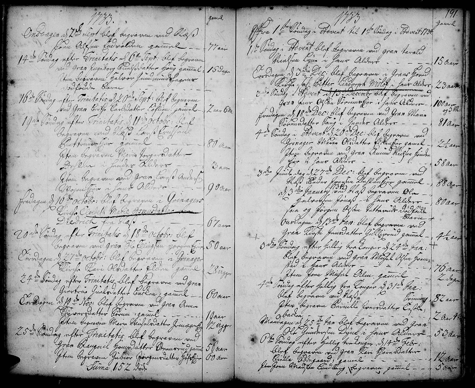 Gran prestekontor, AV/SAH-PREST-112/H/Ha/Haa/L0002: Parish register (official) no. 2, 1732-1744, p. 191