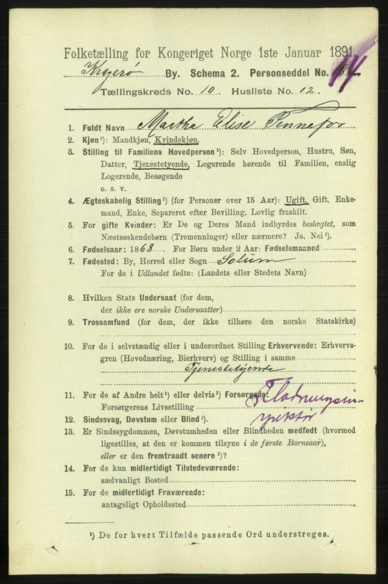 RA, 1891 census for 0801 Kragerø, 1891, p. 3840