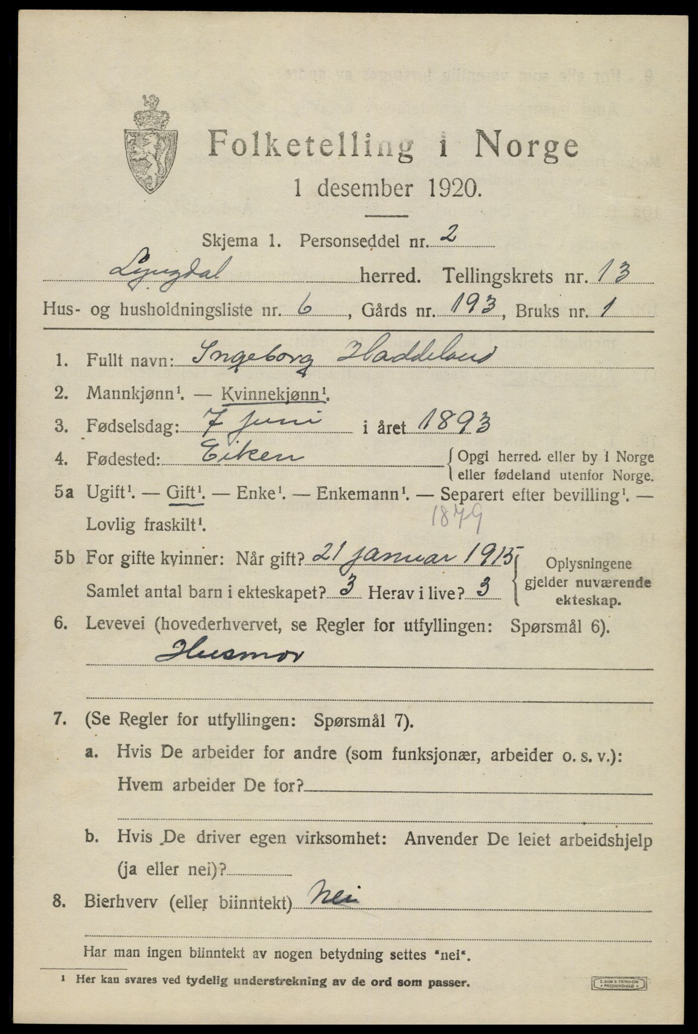 SAK, 1920 census for Lyngdal, 1920, p. 5877