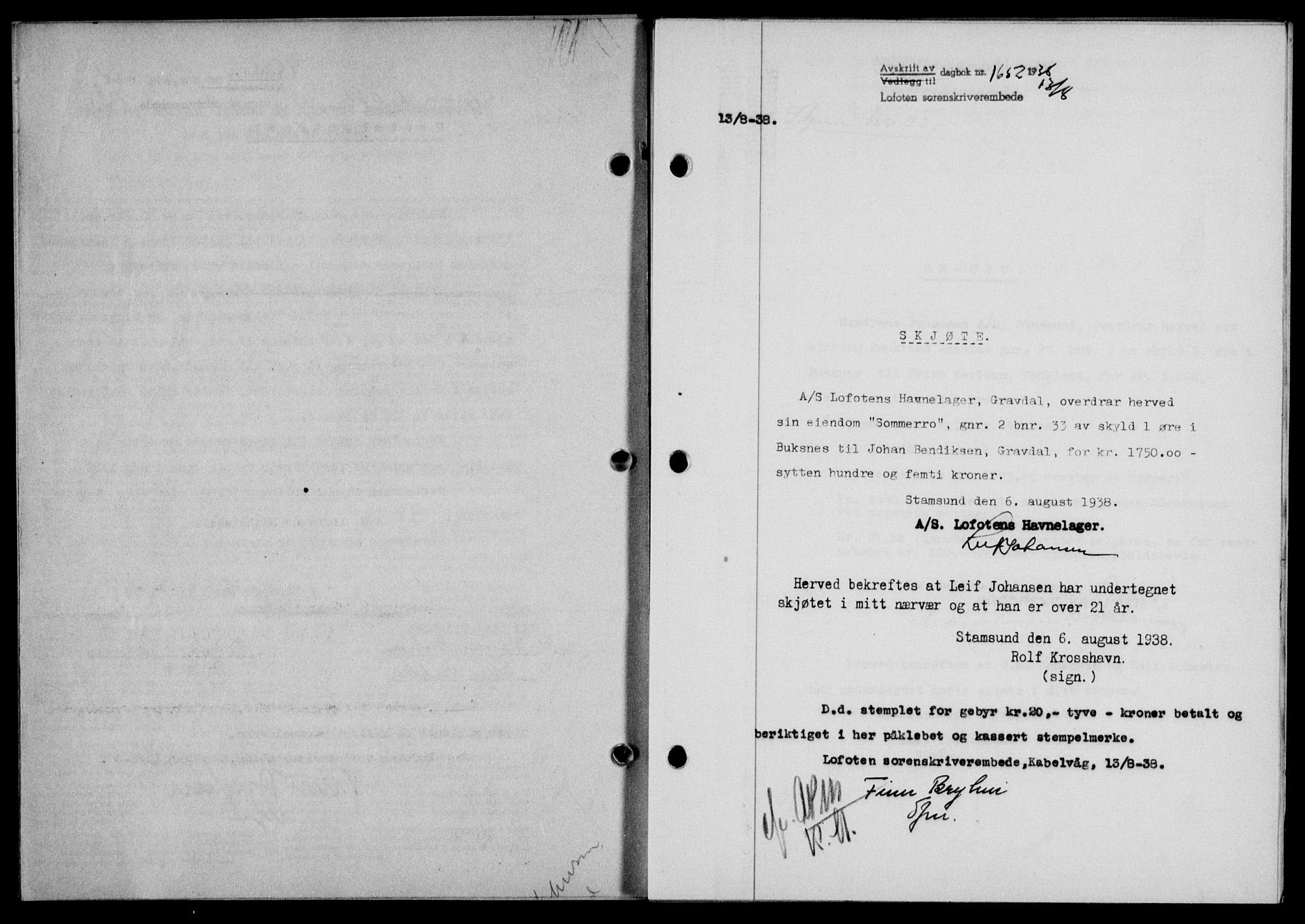 Lofoten sorenskriveri, SAT/A-0017/1/2/2C/L0004a: Mortgage book no. 4a, 1938-1938, Diary no: : 1652/1938