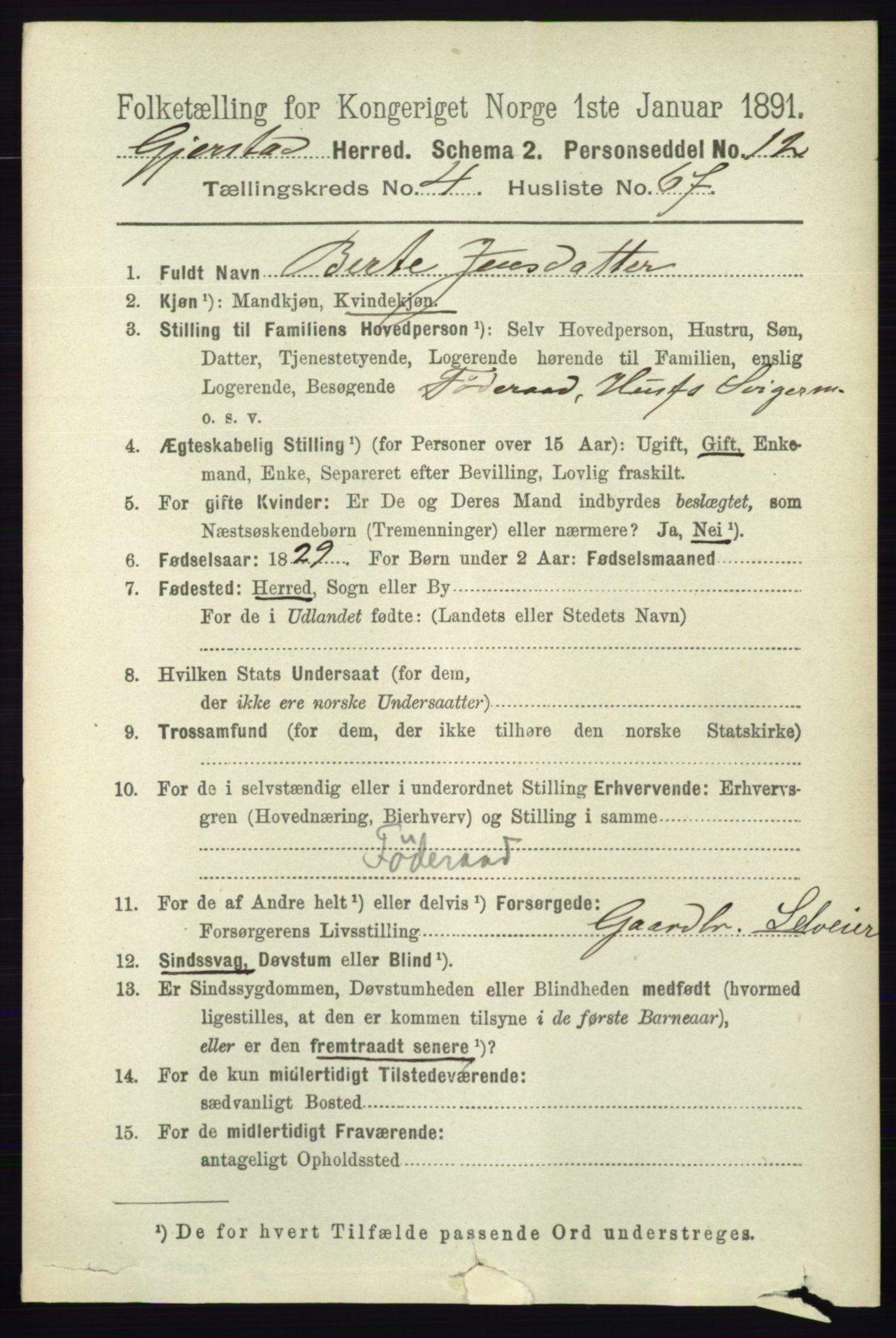 RA, 1891 census for 0911 Gjerstad, 1891, p. 1933