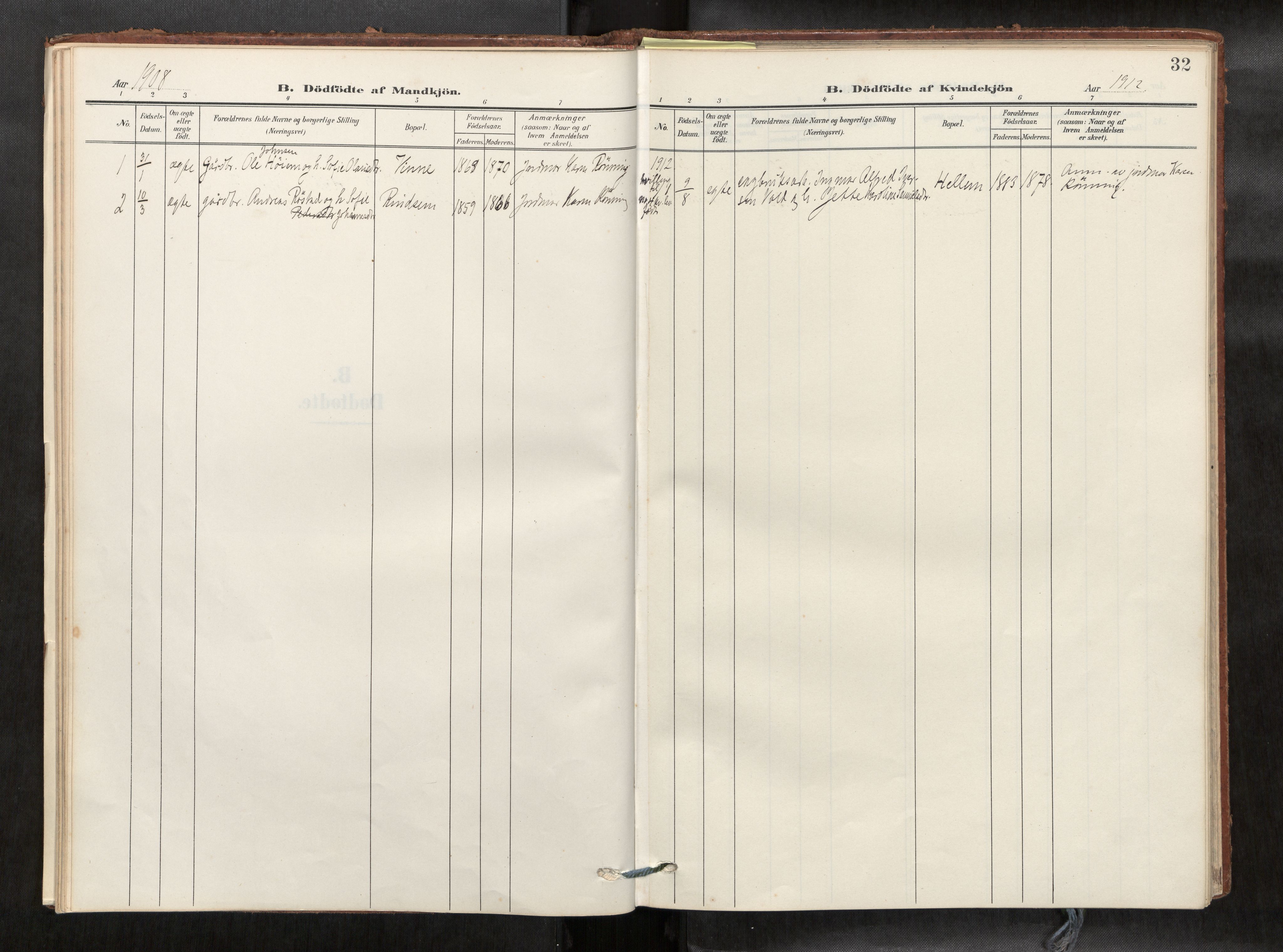 Verdal sokneprestkontor, SAT/A-1156/2/H/Haa/L0003: Parish register (official) no. 3, 1907-1921, p. 32