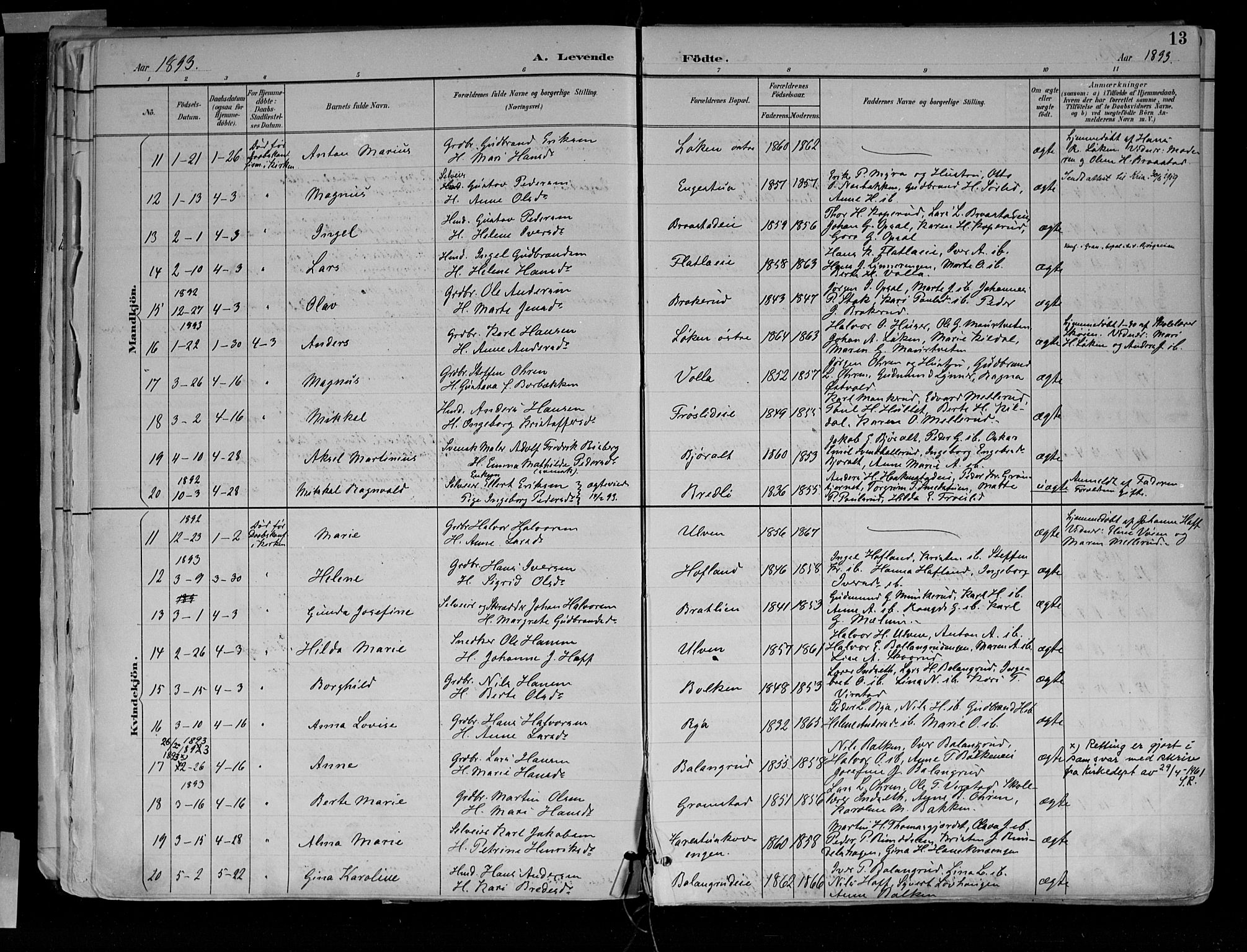 Jevnaker prestekontor, SAH/PREST-116/H/Ha/Haa/L0010: Parish register (official) no. 10, 1891-1906, p. 13