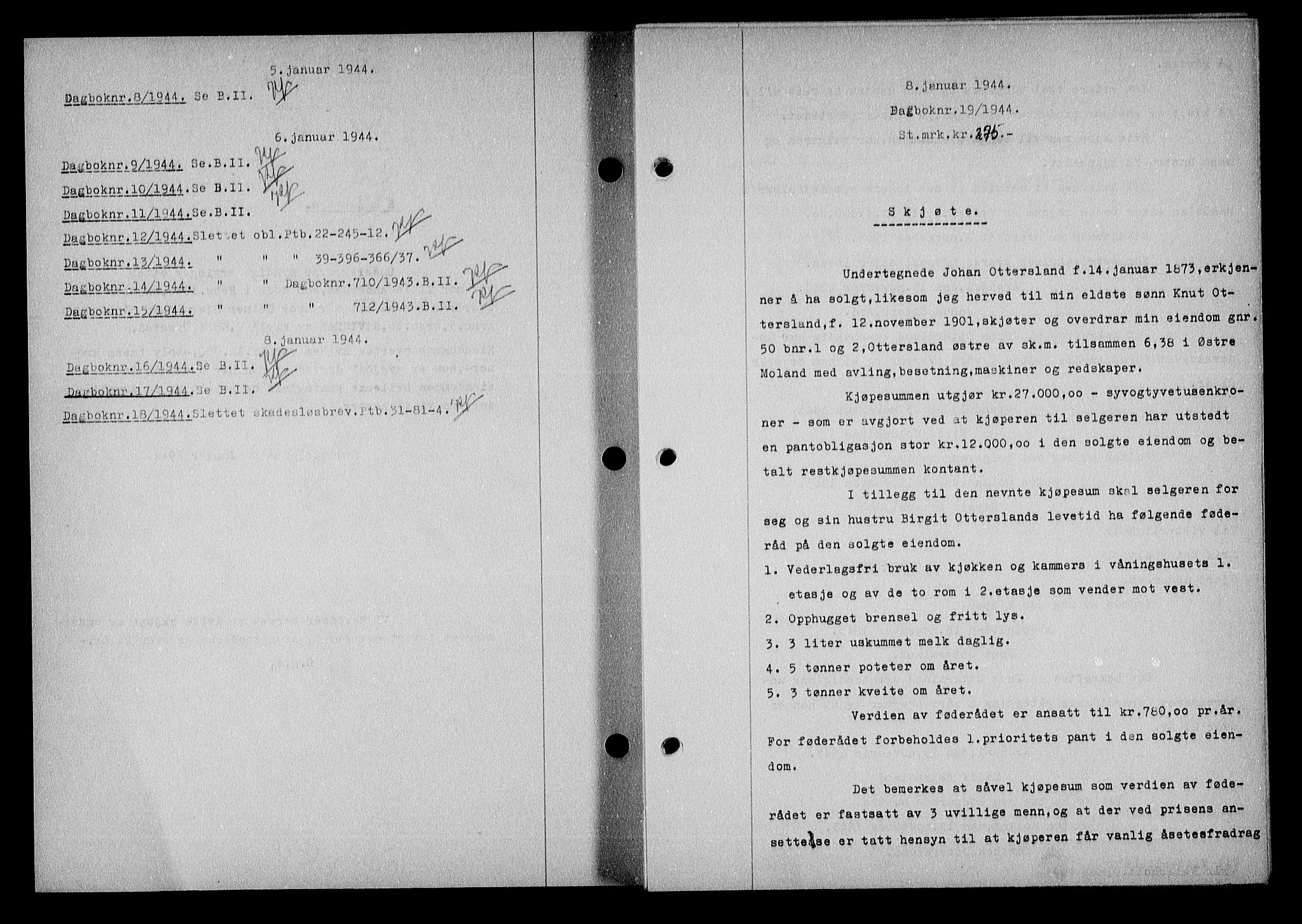 Nedenes sorenskriveri, SAK/1221-0006/G/Gb/Gba/L0051: Mortgage book no. A-V, 1943-1944, Diary no: : 19/1944