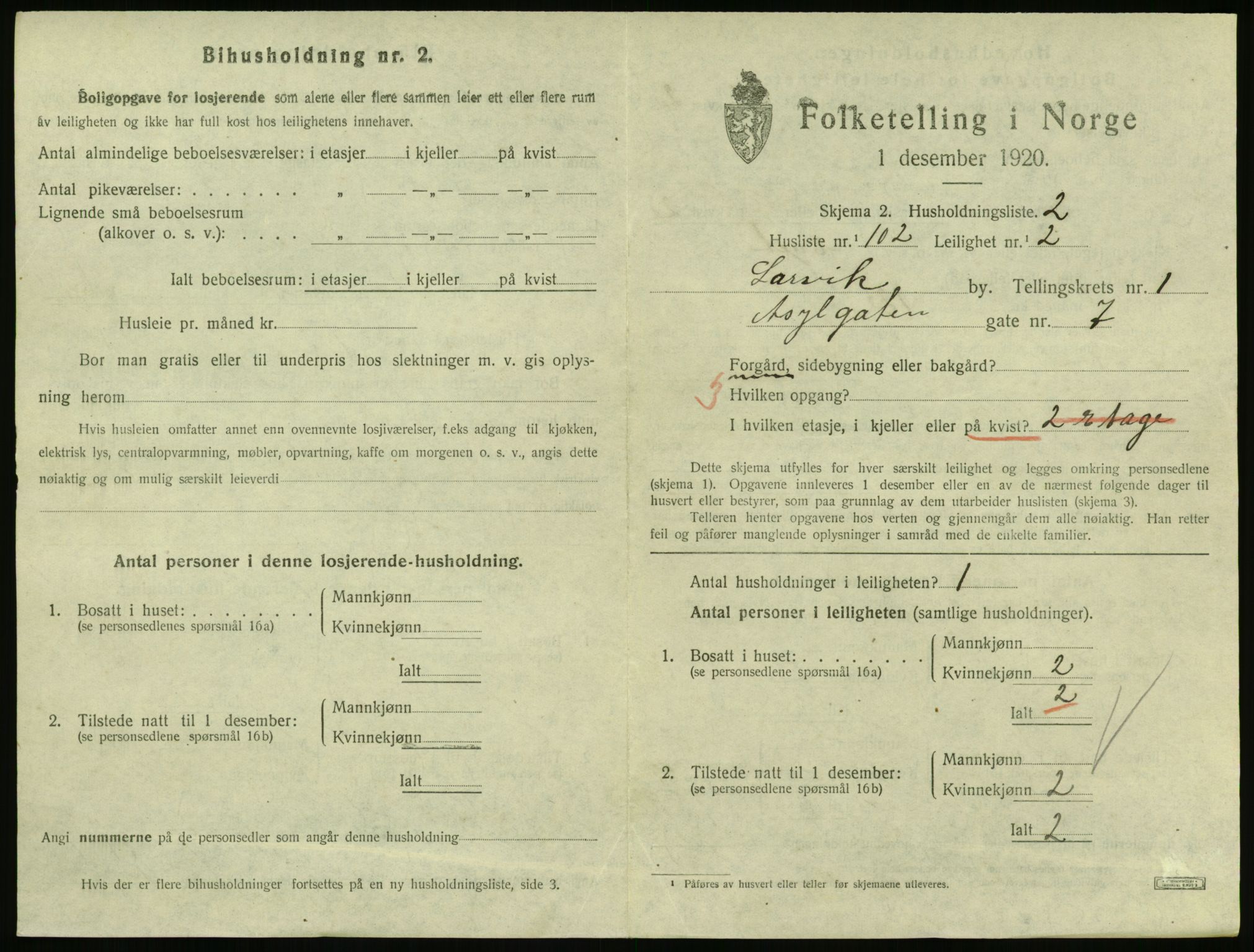 SAKO, 1920 census for Larvik, 1920, p. 3396