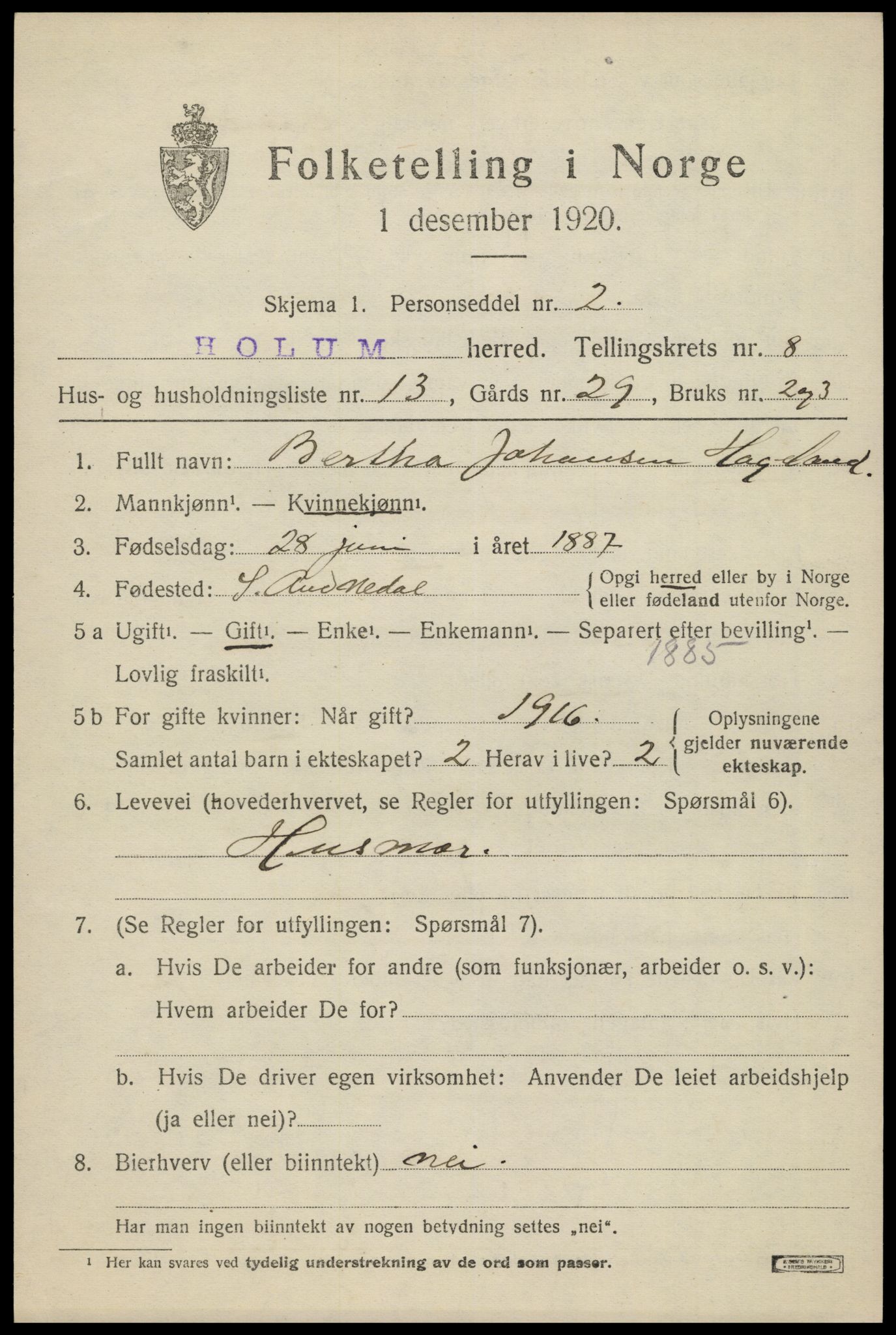 SAK, 1920 census for Holum, 1920, p. 2615