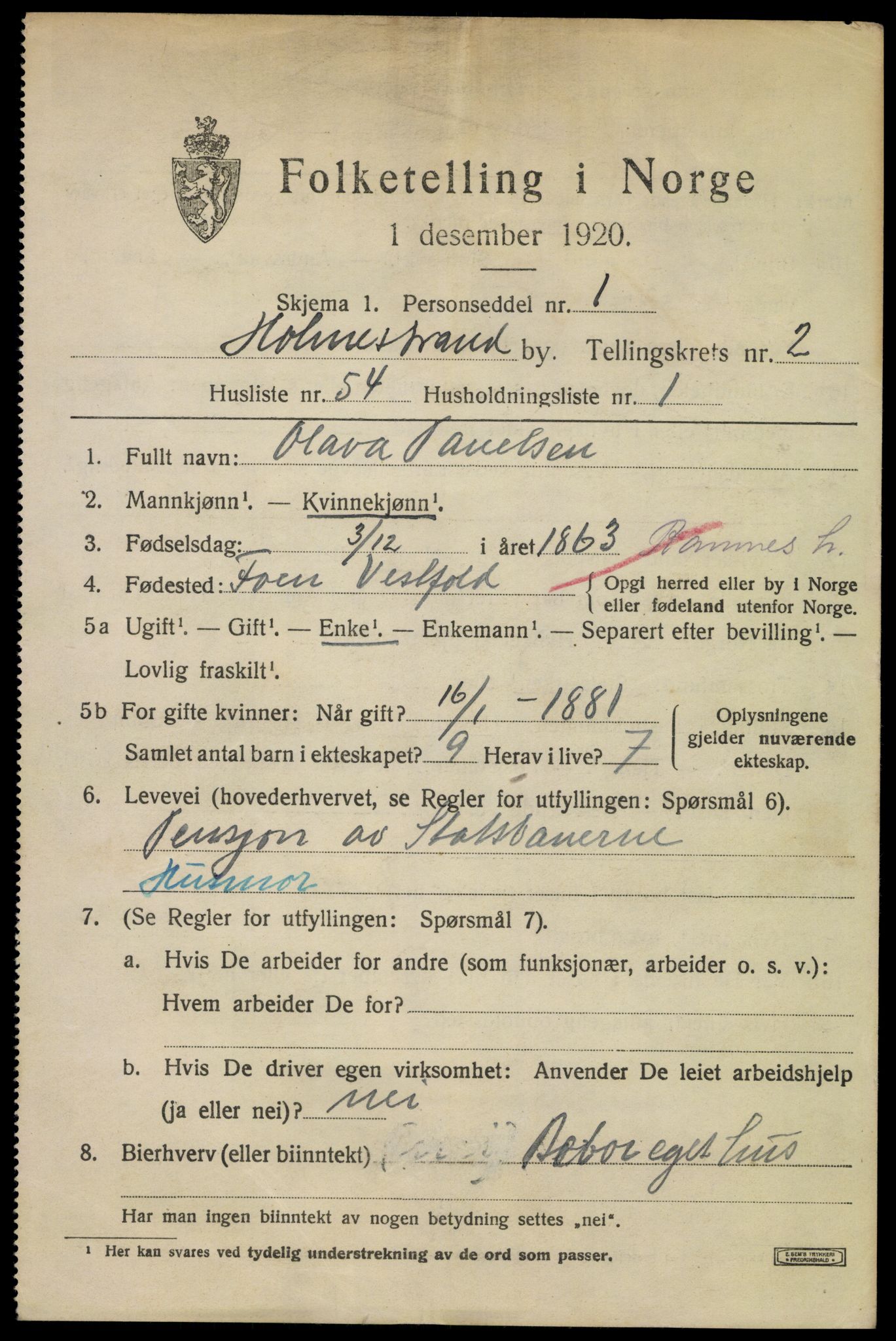 SAKO, 1920 census for Holmestrand, 1920, p. 2842