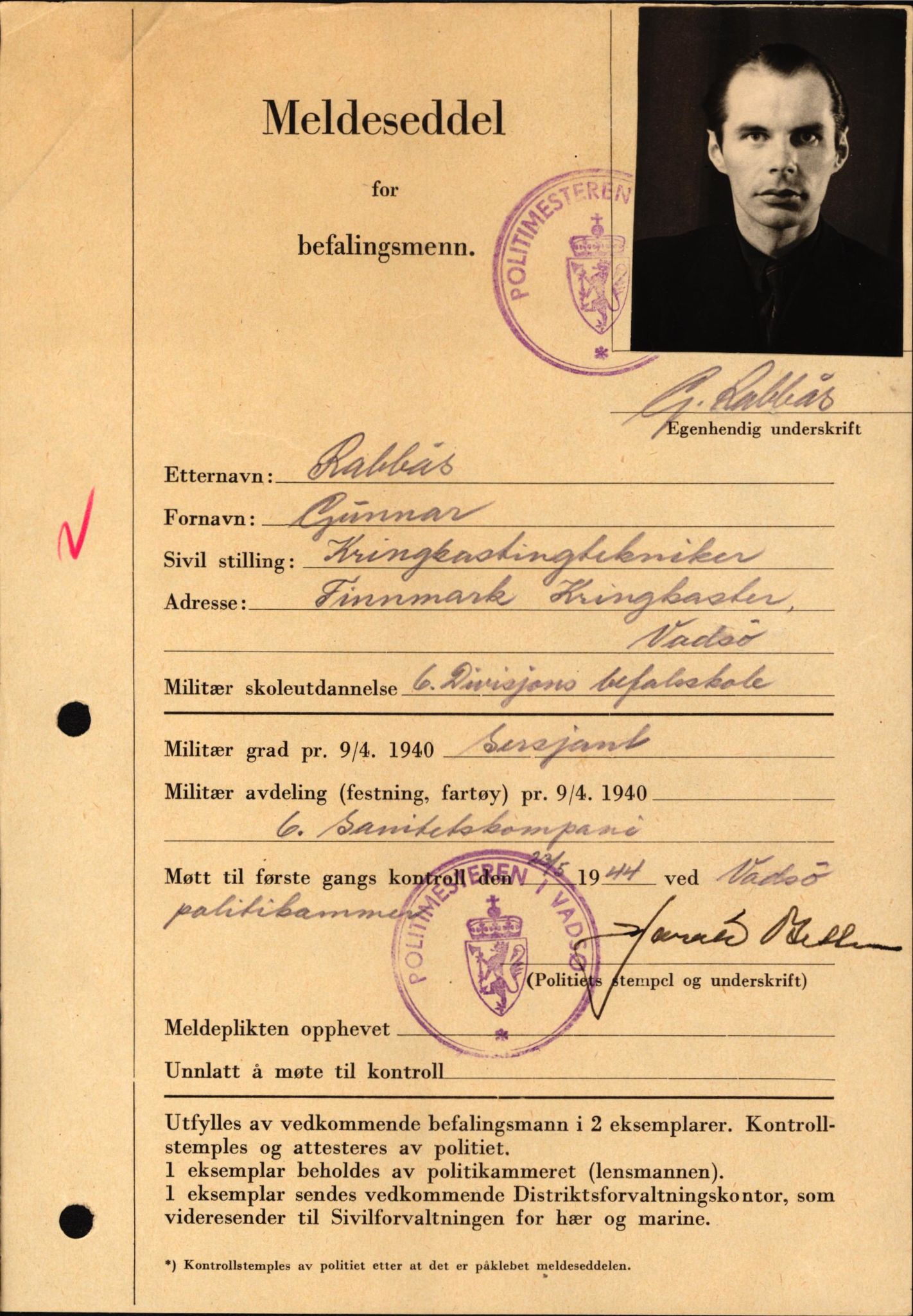 Forsvaret, Forsvarets krigshistoriske avdeling, AV/RA-RAFA-2017/Y/Yf/L0209: II-C-11-2121  -  Okkupasjonstiden.  Meldesedler for befal med foto og oppl. om militær grad 9. apr. 1940., 1944-1945, p. 539
