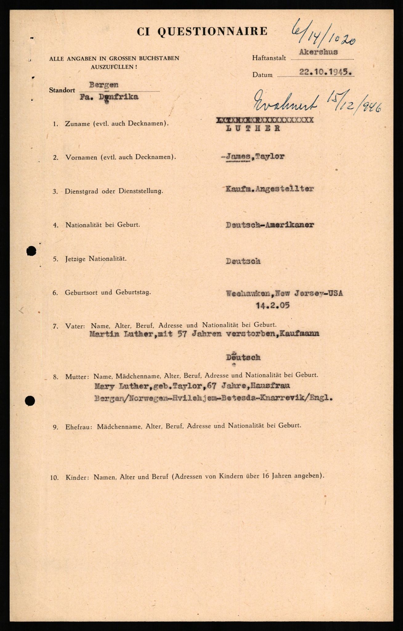 Forsvaret, Forsvarets overkommando II, AV/RA-RAFA-3915/D/Db/L0020: CI Questionaires. Tyske okkupasjonsstyrker i Norge. Tyskere., 1945-1946, p. 415