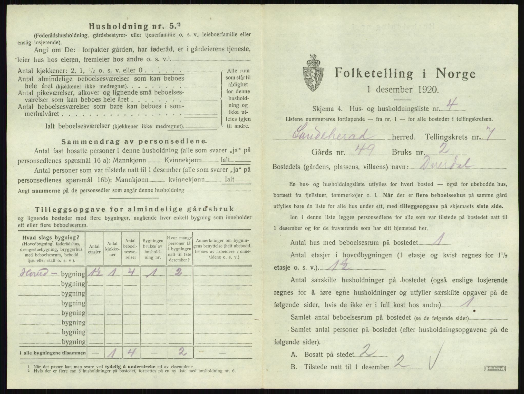 SAKO, 1920 census for Sandeherred, 1920, p. 1465