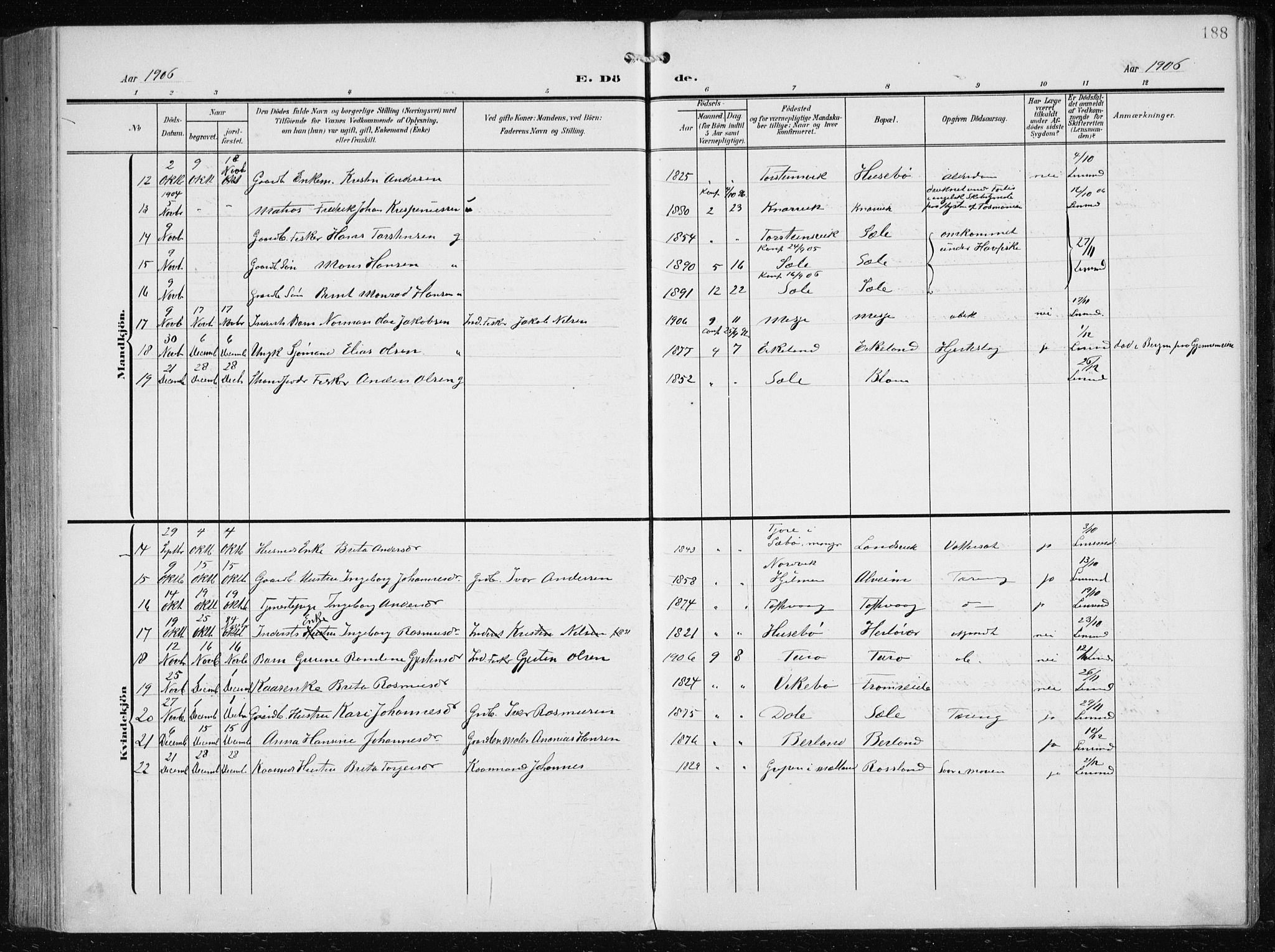 Herdla Sokneprestembete, SAB/A-75701/H/Haa: Parish register (official) no. A 5, 1905-1918, p. 188