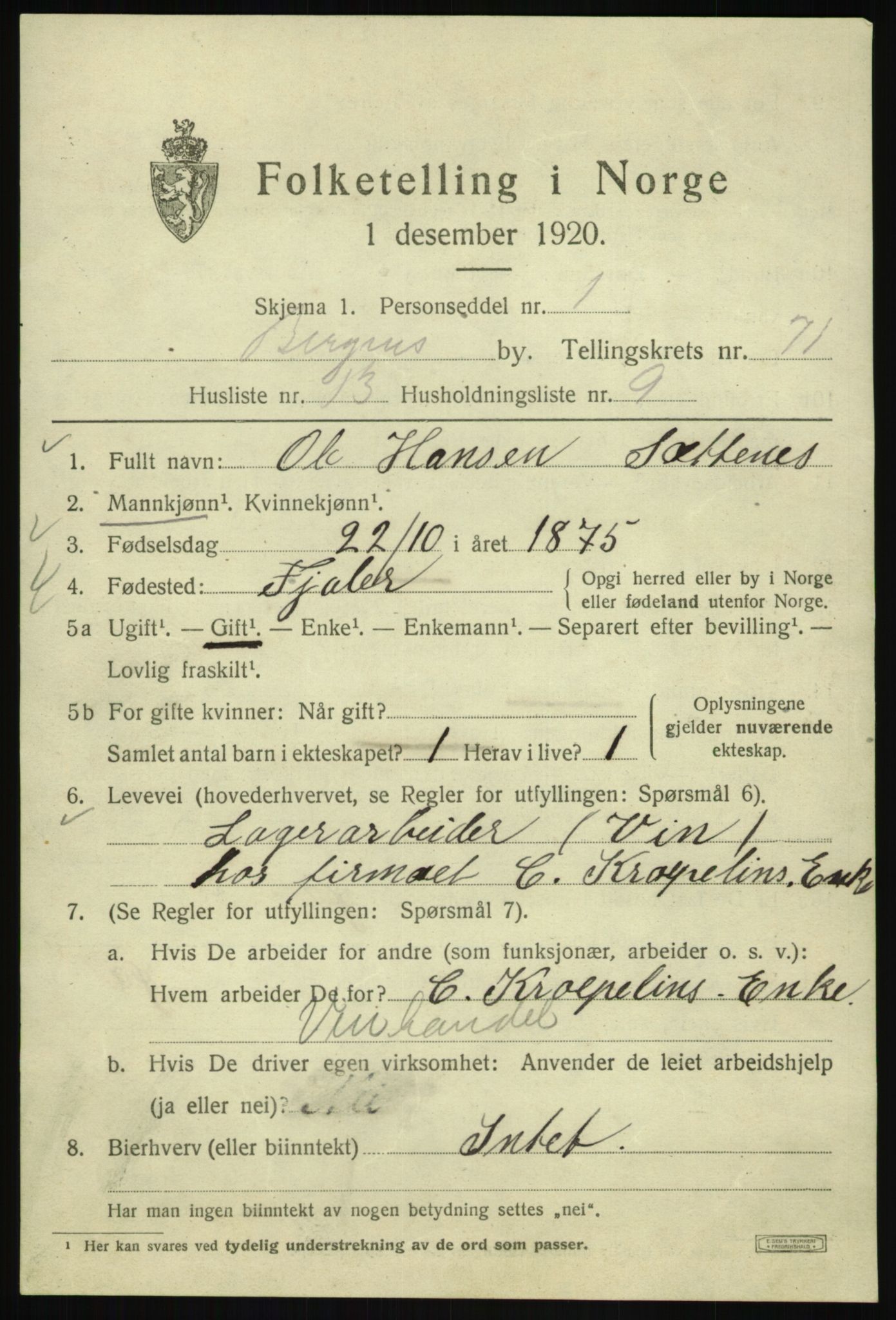 SAB, 1920 census for Bergen, 1920, p. 141036