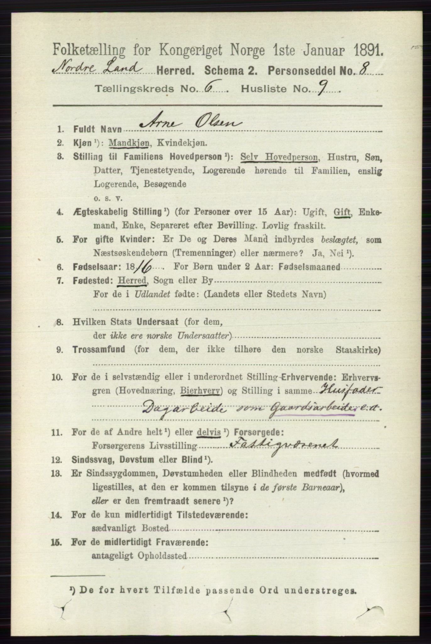 RA, 1891 census for 0538 Nordre Land, 1891, p. 1860