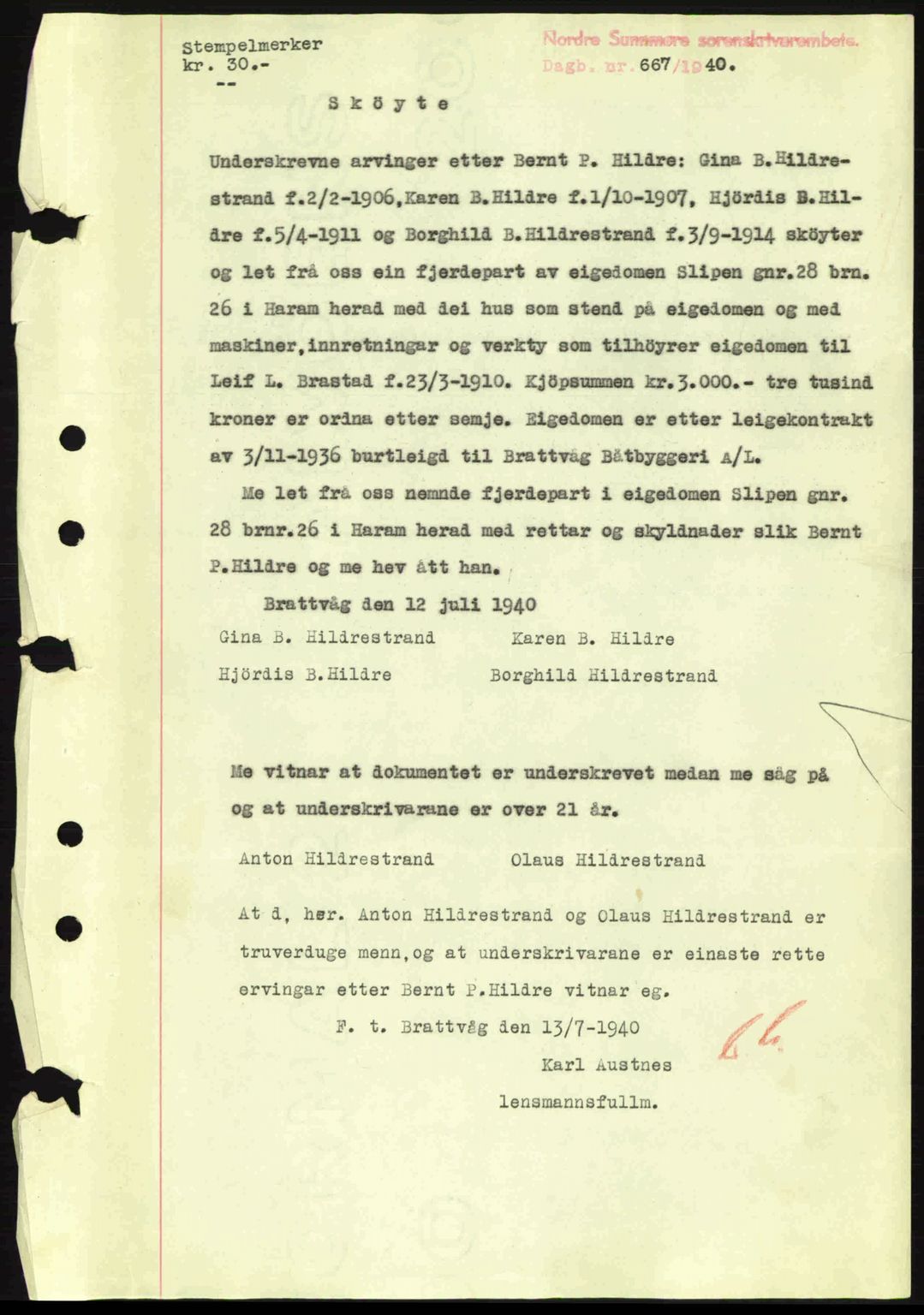 Nordre Sunnmøre sorenskriveri, AV/SAT-A-0006/1/2/2C/2Ca: Mortgage book no. A8, 1939-1940, Diary no: : 667/1940