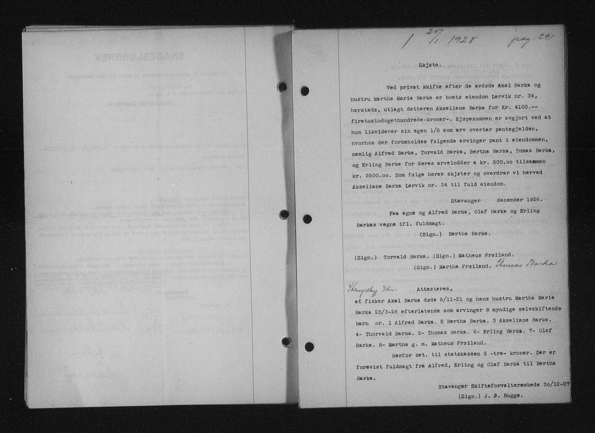 Stavanger byfogd, SAST/A-101408/001/4/41/410/410BB/L0053: Mortgage book no. 41, 1927-1928, Deed date: 25.01.1928