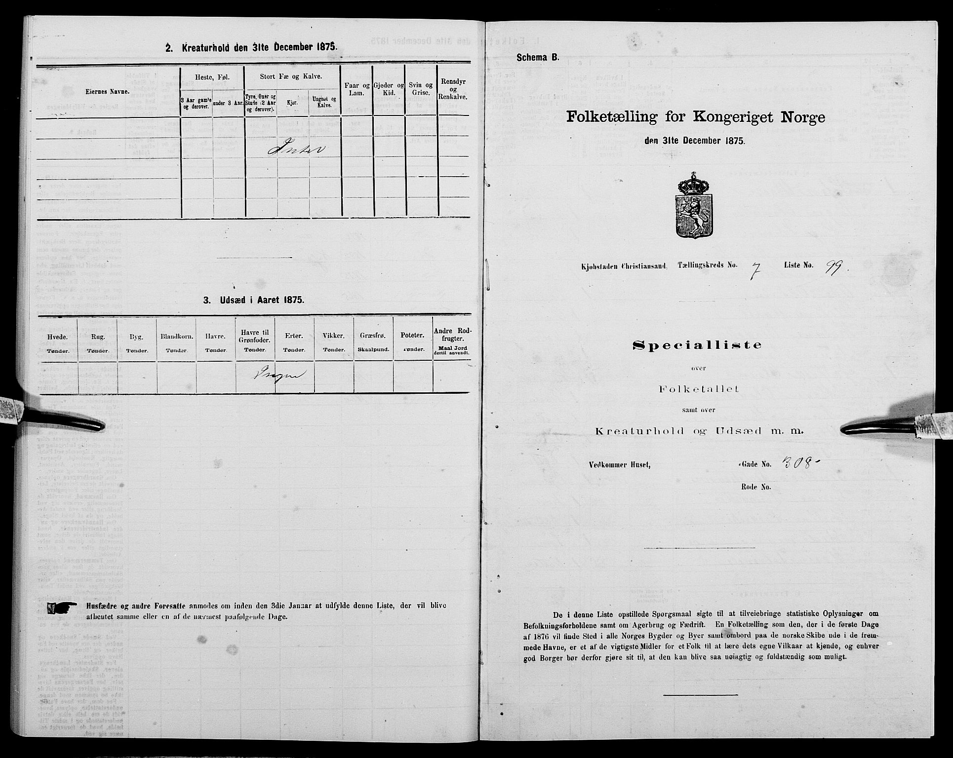 SAK, 1875 census for 1001P Kristiansand, 1875, p. 1199