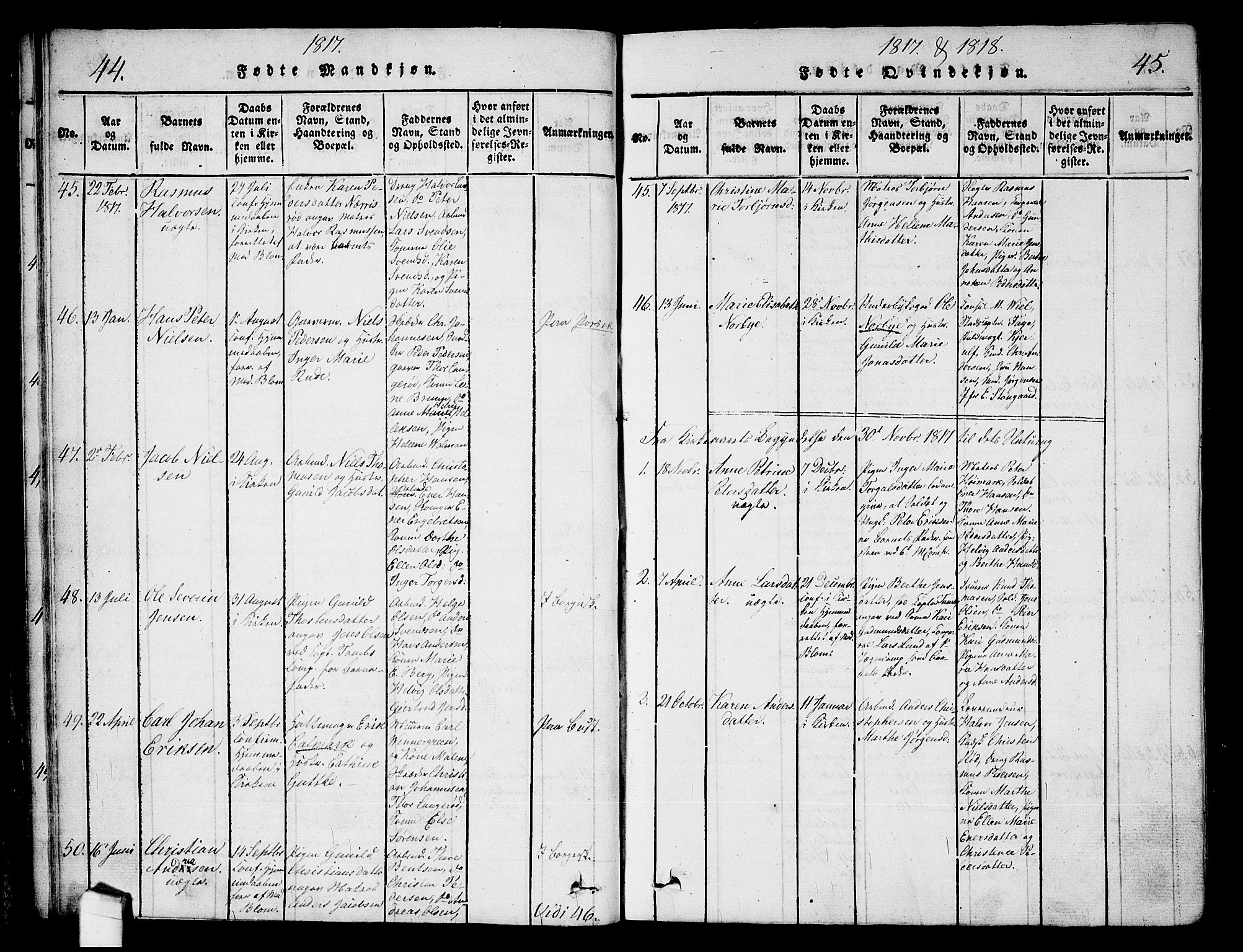 Halden prestekontor Kirkebøker, SAO/A-10909/G/Ga/L0001: Parish register (copy) no. 1, 1815-1833, p. 44-45