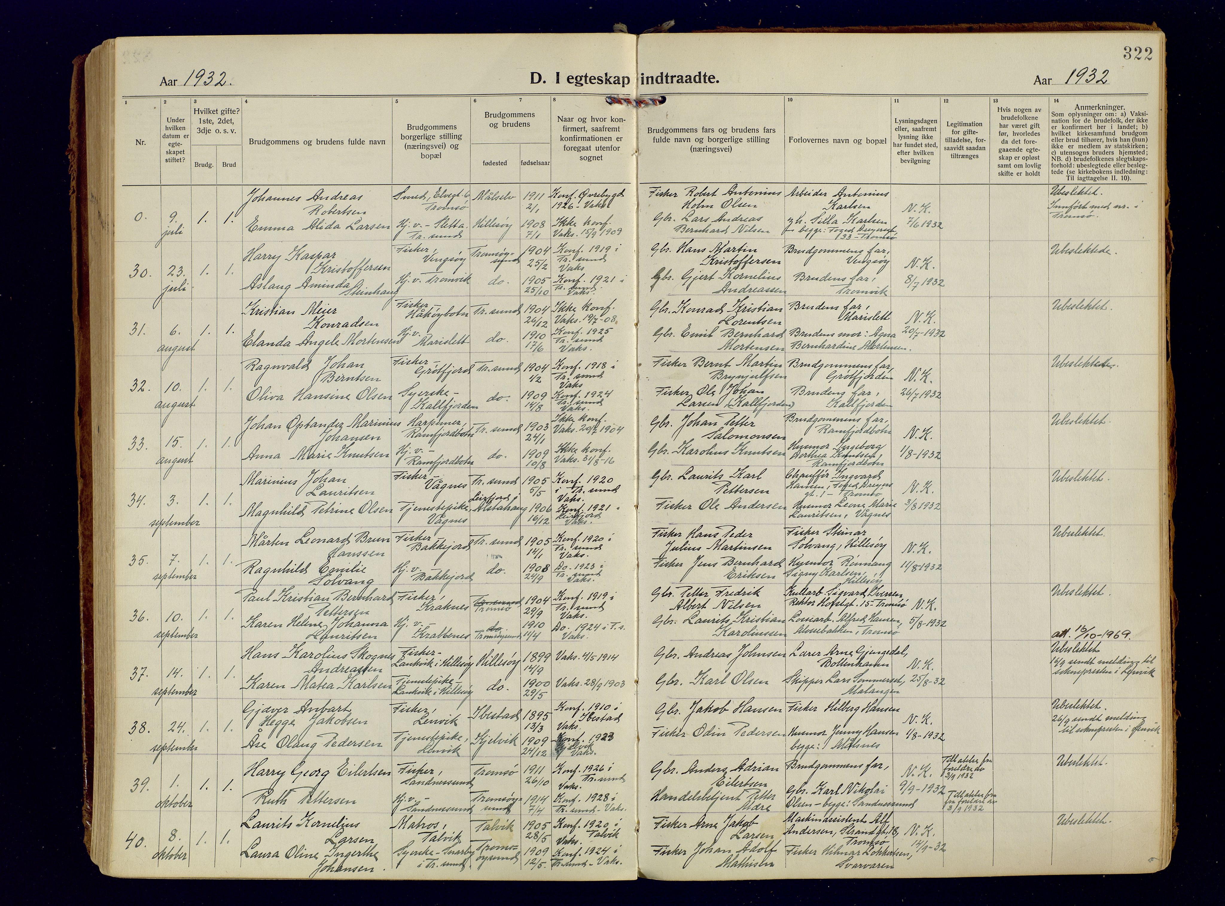 Tromsøysund sokneprestkontor, AV/SATØ-S-1304/G/Ga/L0009kirke: Parish register (official) no. 9, 1922-1934, p. 322