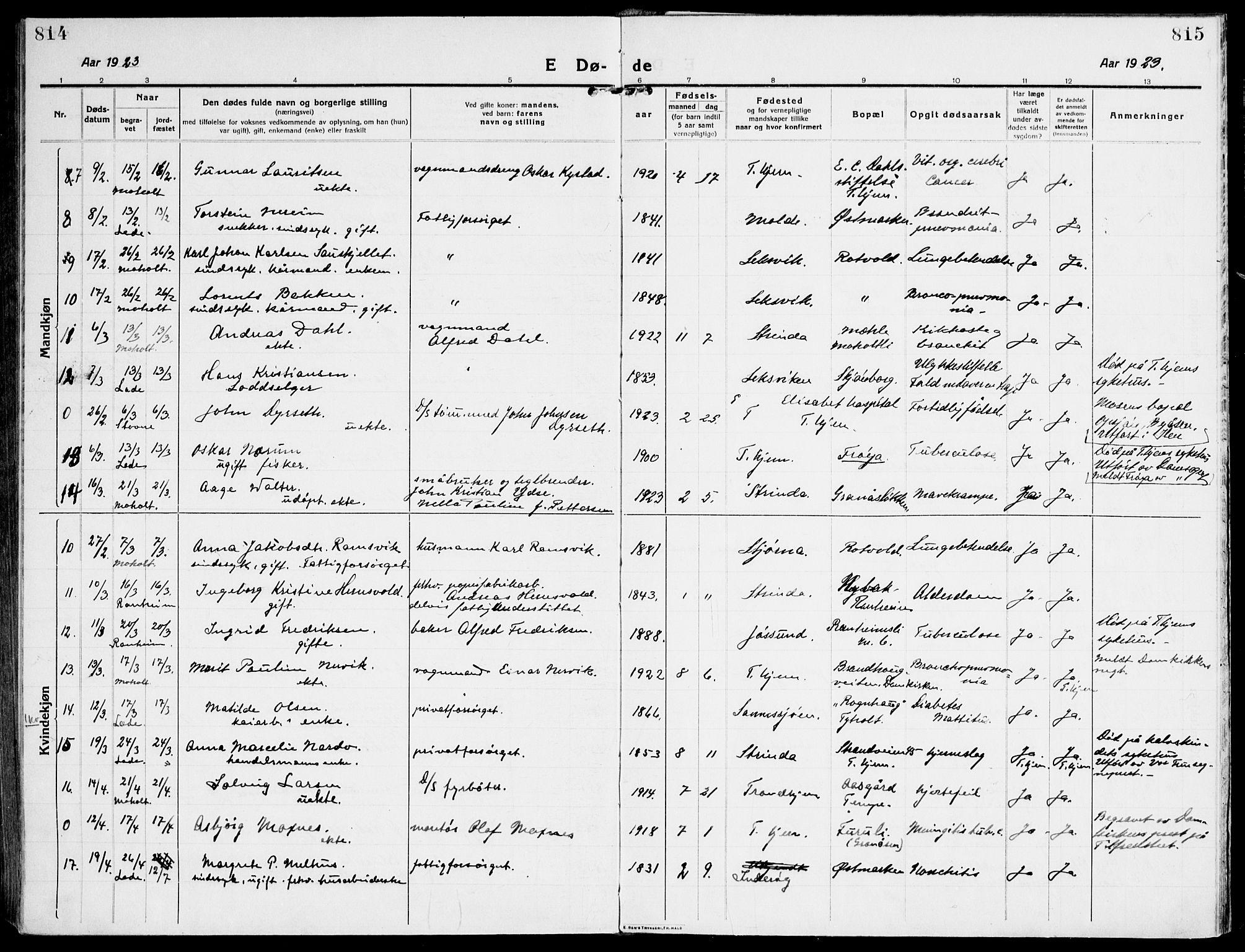 Ministerialprotokoller, klokkerbøker og fødselsregistre - Sør-Trøndelag, SAT/A-1456/607/L0321: Parish register (official) no. 607A05, 1916-1935, p. 814-815