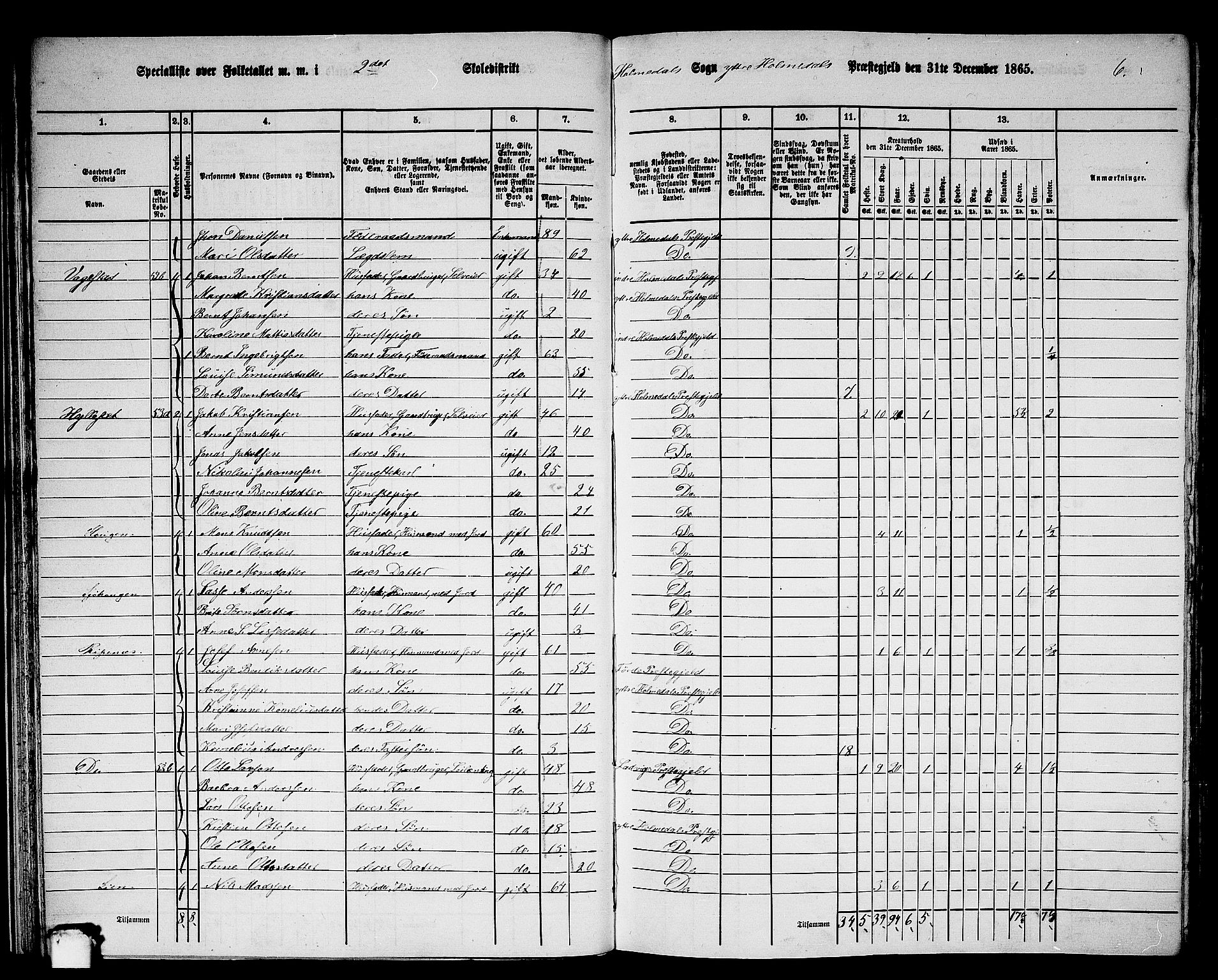 RA, 1865 census for Ytre Holmedal, 1865, p. 36