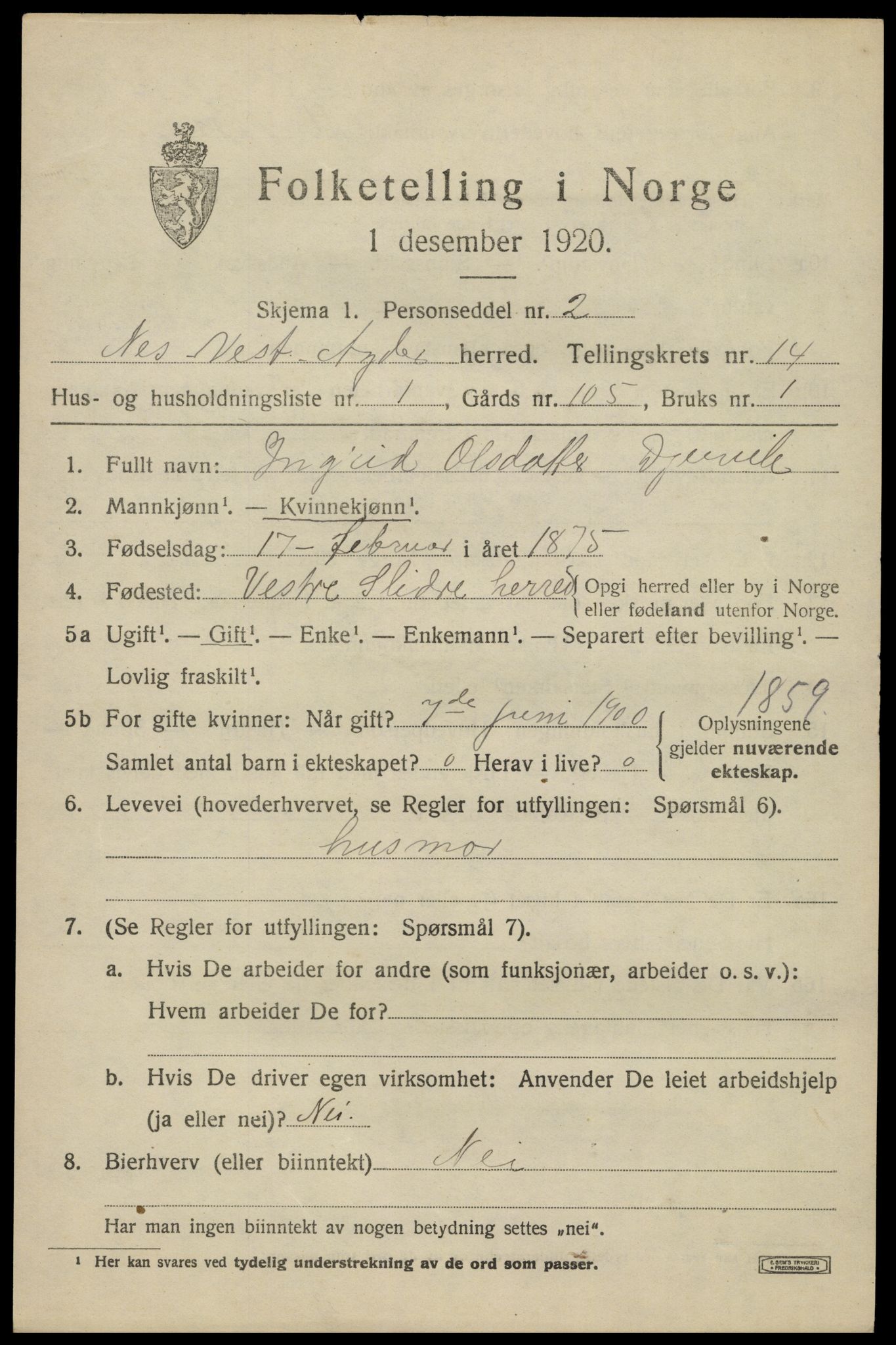 SAK, 1920 census for Nes (V-A), 1920, p. 5430