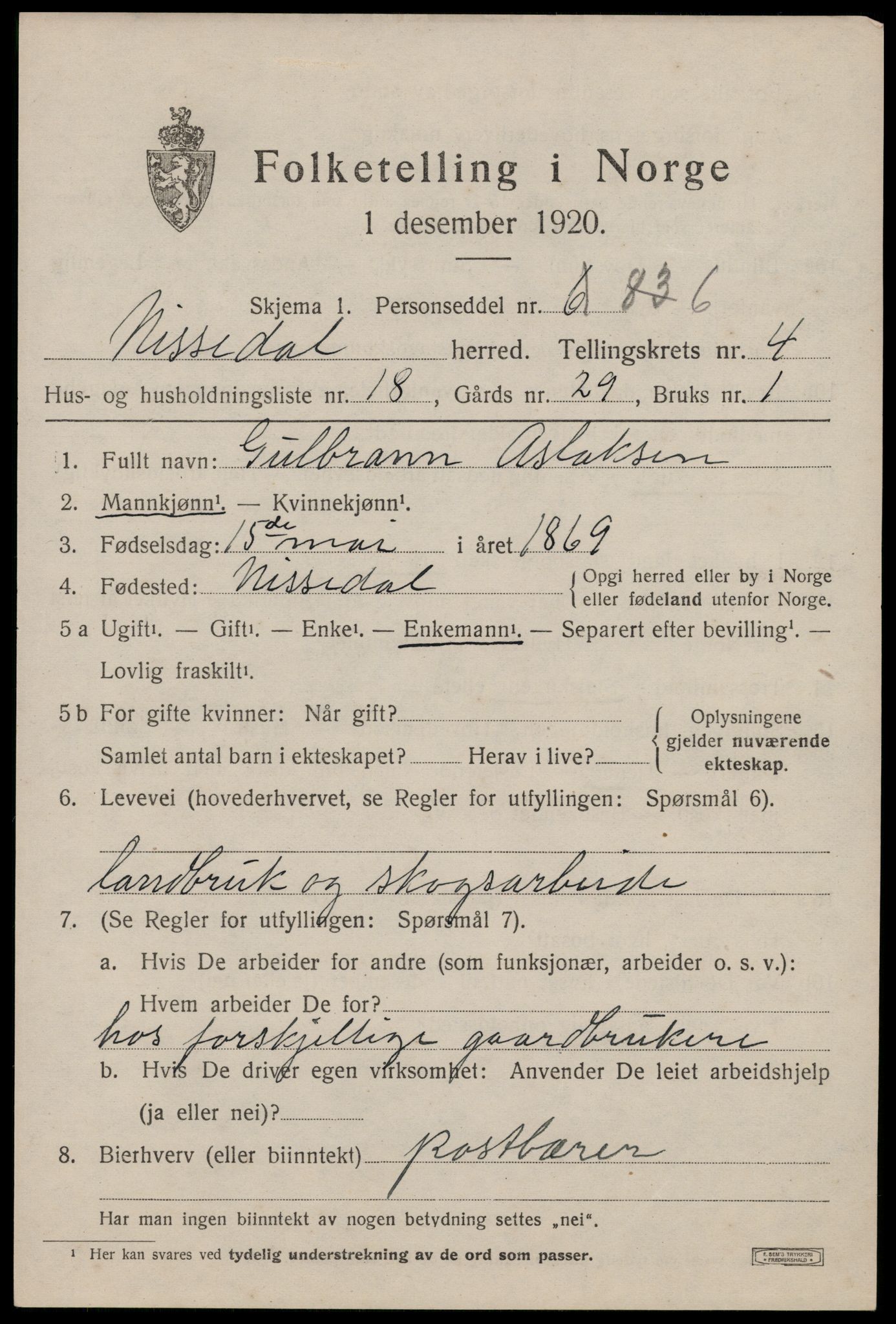SAKO, 1920 census for Nissedal, 1920, p. 1993