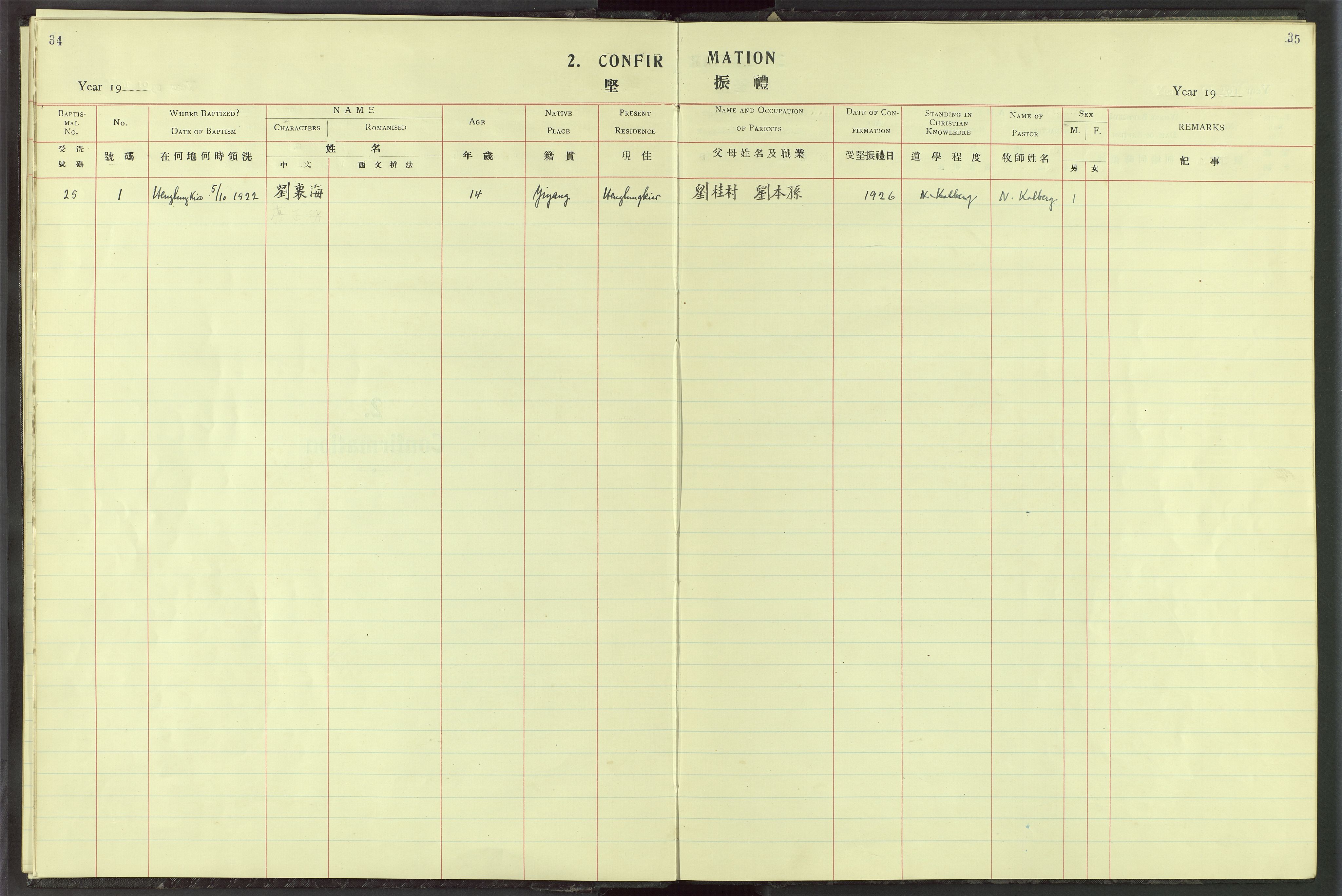 Det Norske Misjonsselskap - utland - Kina (Hunan), VID/MA-A-1065/Dm/L0026: Parish register (official) no. 64, 1920-1932, p. 34-35
