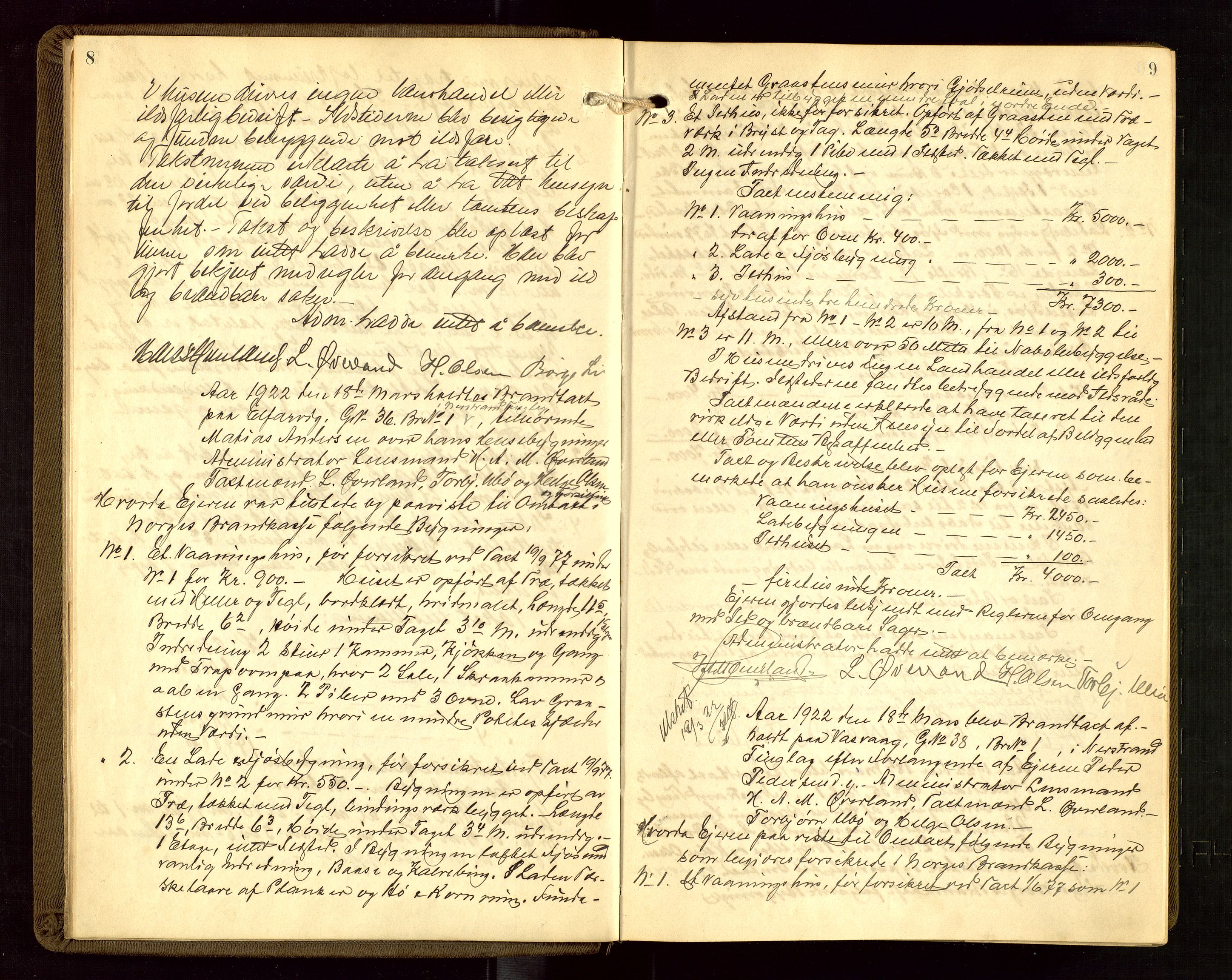 Nedstrand lensmannskontor, AV/SAST-A-100236/Goa/L0002: "Brandtakstprotokoll for lensmannen i Nedstrand", 1922-1955, p. 8-9