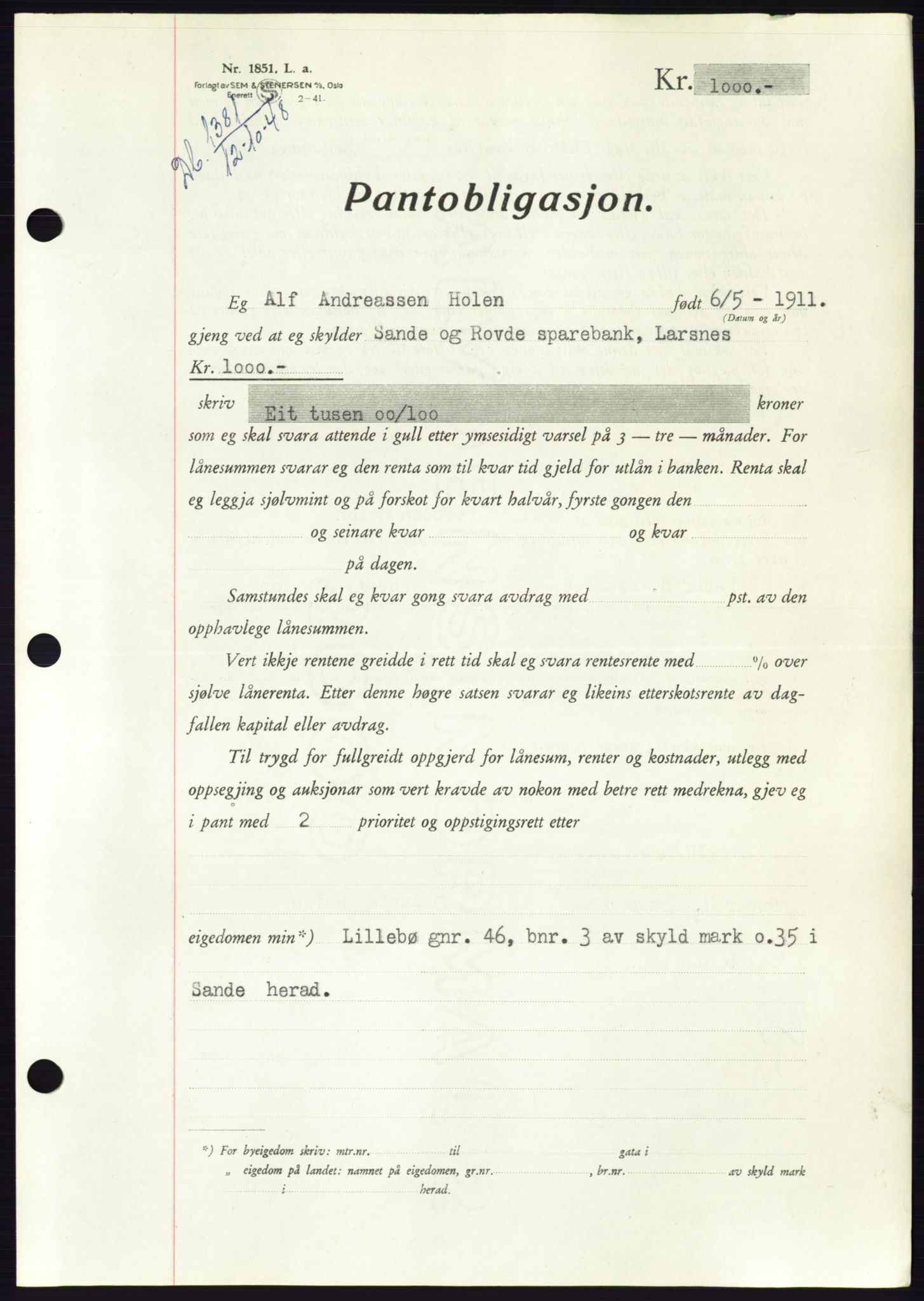 Søre Sunnmøre sorenskriveri, AV/SAT-A-4122/1/2/2C/L0116: Mortgage book no. 4B, 1948-1949, Diary no: : 1381/1948