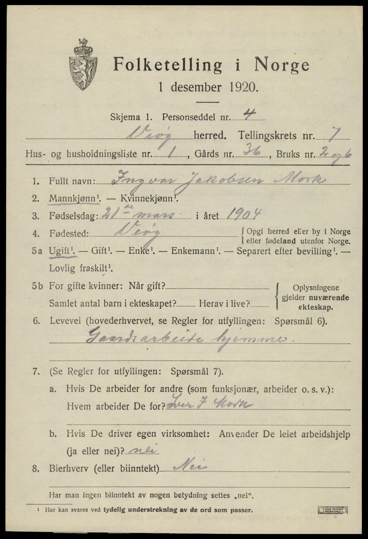 SAT, 1920 census for Veøy, 1920, p. 3083