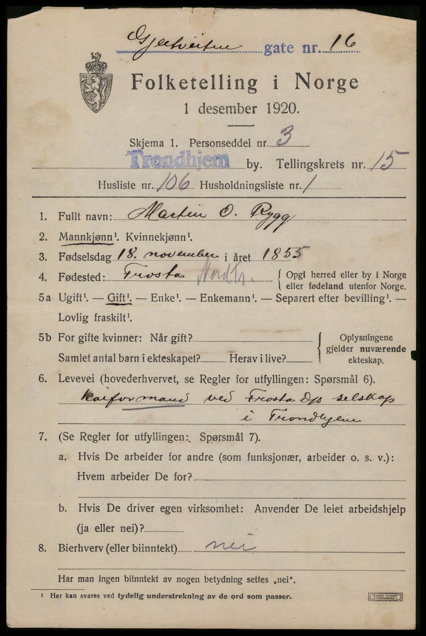 SAT, 1920 census for Trondheim, 1920, p. 54086