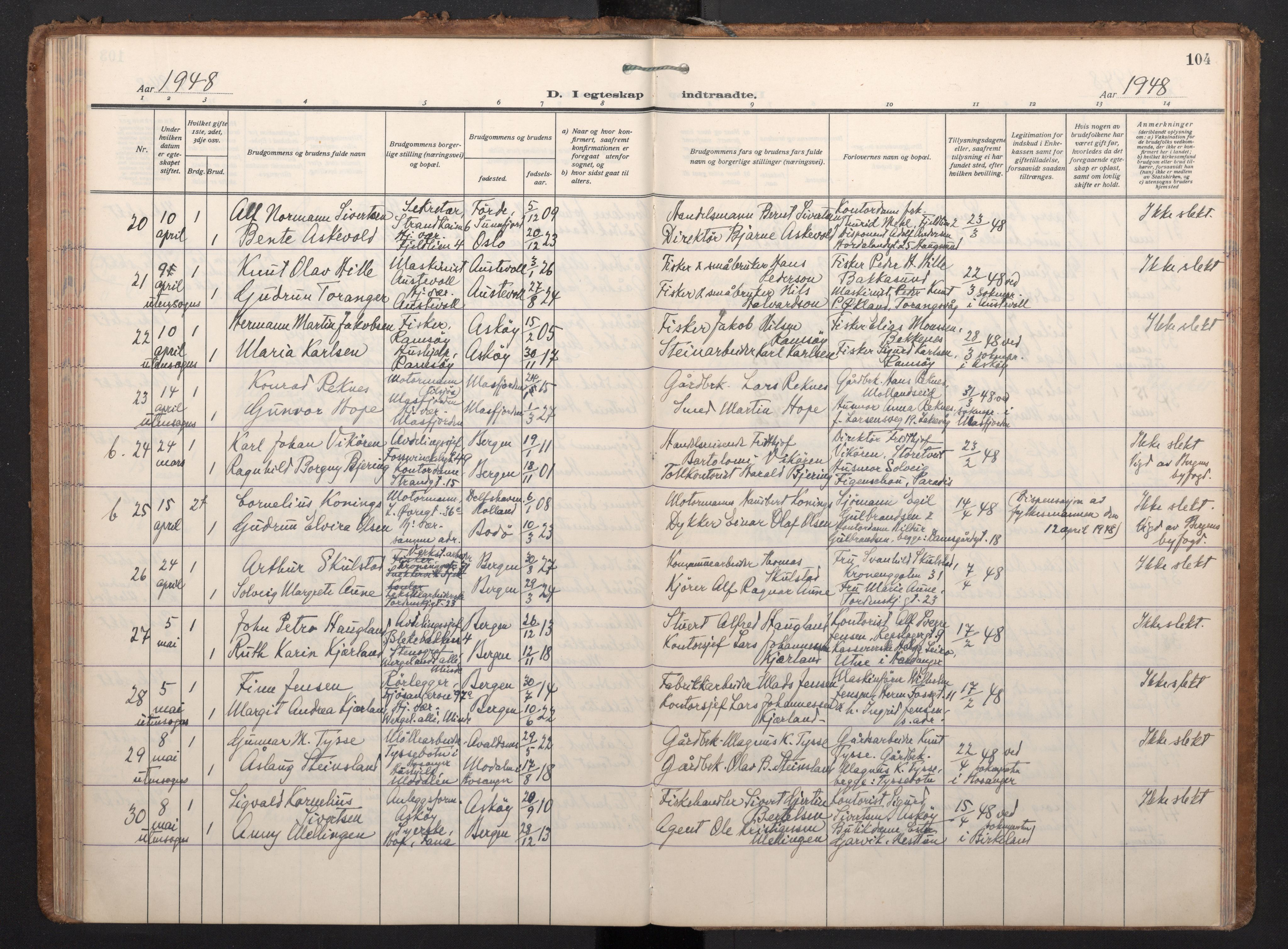 Korskirken sokneprestembete, AV/SAB-A-76101/H/Haa/L0040: Parish register (official) no. D 7, 1938-1952, p. 103b-104a