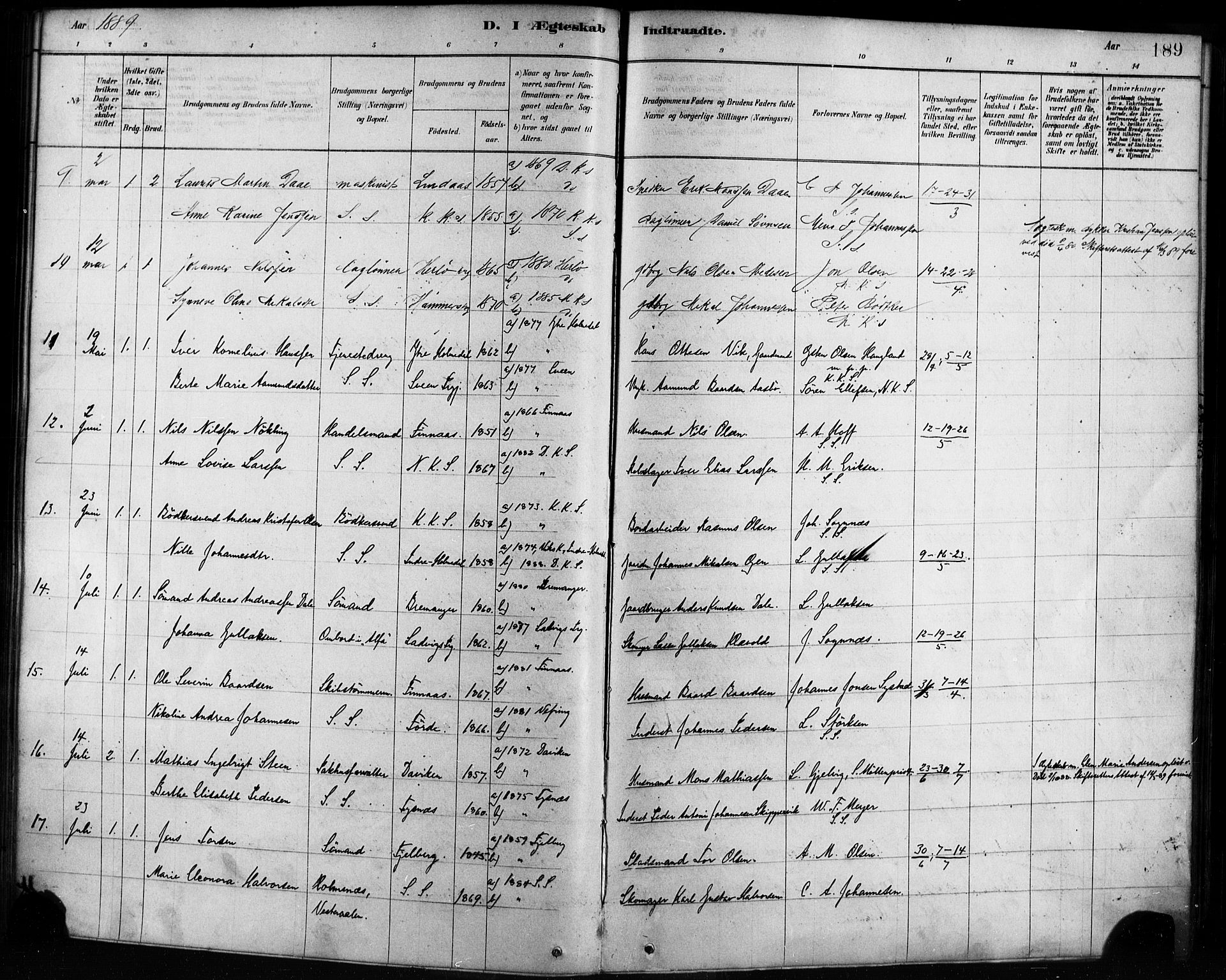 Sandviken Sokneprestembete, AV/SAB-A-77601/H/Ha/L0002: Parish register (official) no. A 2, 1878-1896, p. 189