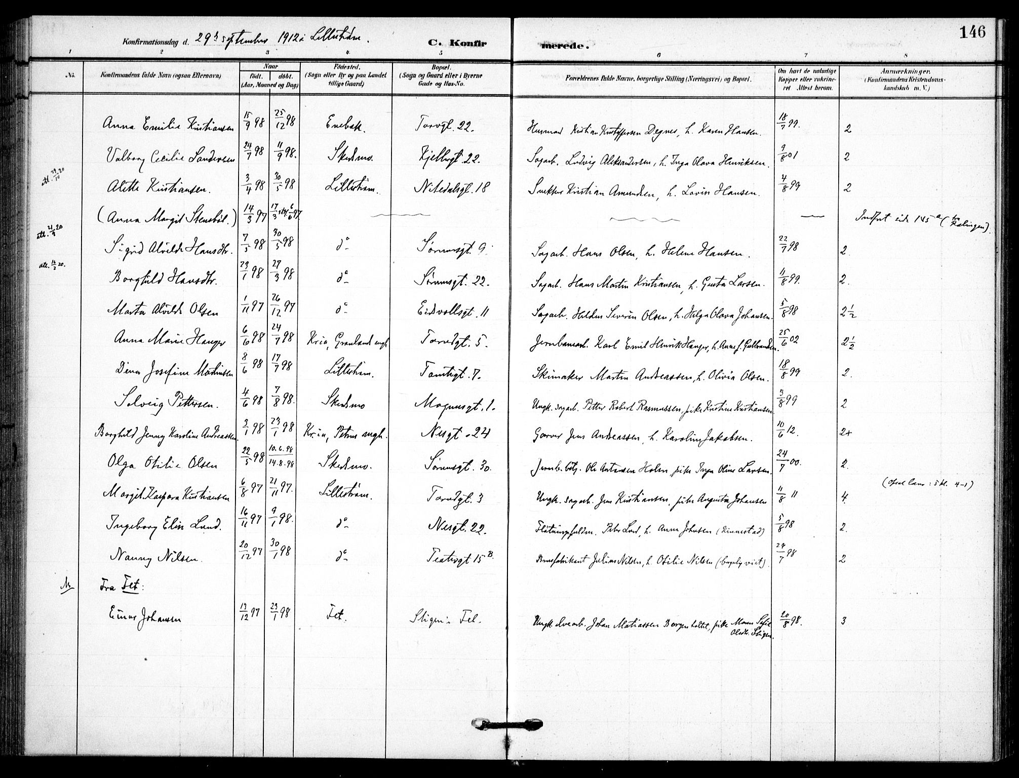 Skedsmo prestekontor Kirkebøker, AV/SAO-A-10033a/F/Fc/L0001: Parish register (official) no. III 1, 1908-1916, p. 146