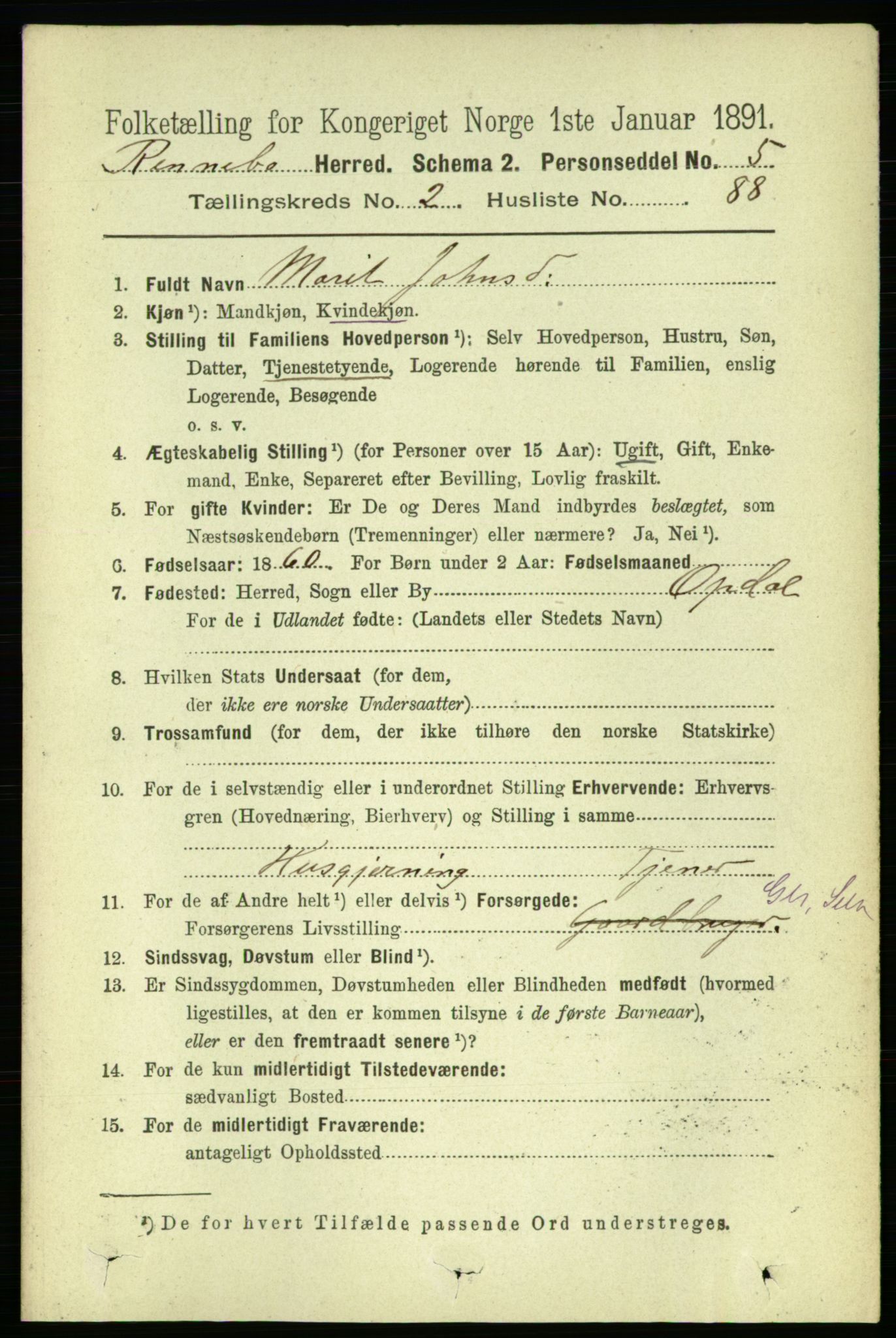 RA, 1891 census for 1635 Rennebu, 1891, p. 1276