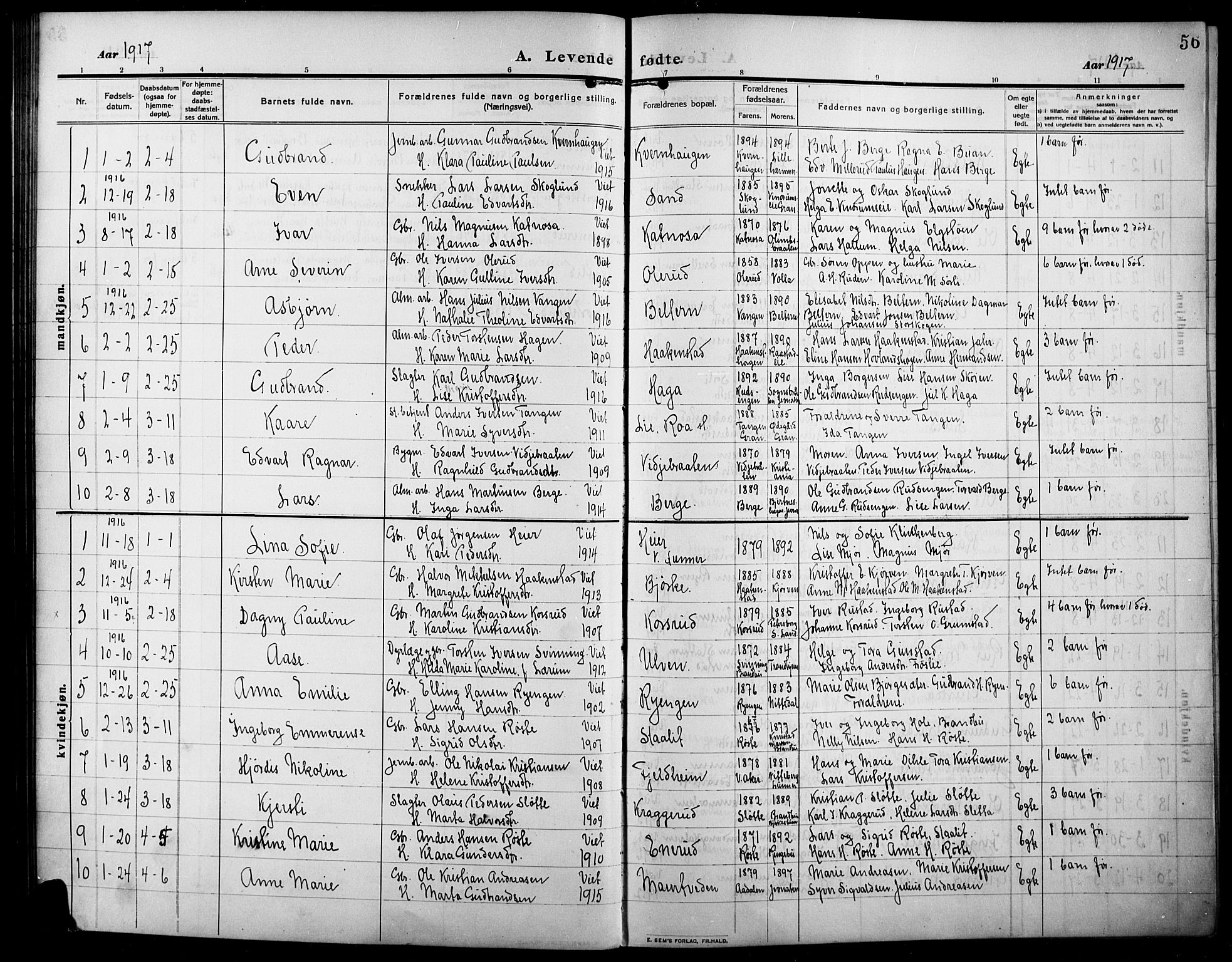 Lunner prestekontor, SAH/PREST-118/H/Ha/Hab/L0001: Parish register (copy) no. 1, 1909-1922, p. 56