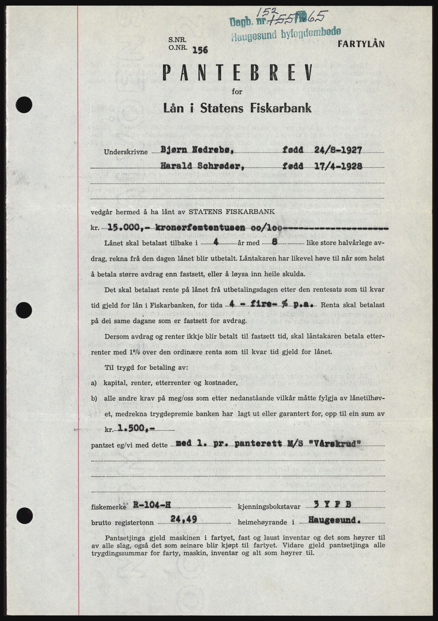 Haugesund tingrett, SAST/A-101415/01/II/IIC/L0053: Mortgage book no. B 53, 1965-1965, Diary no: : 152/1965