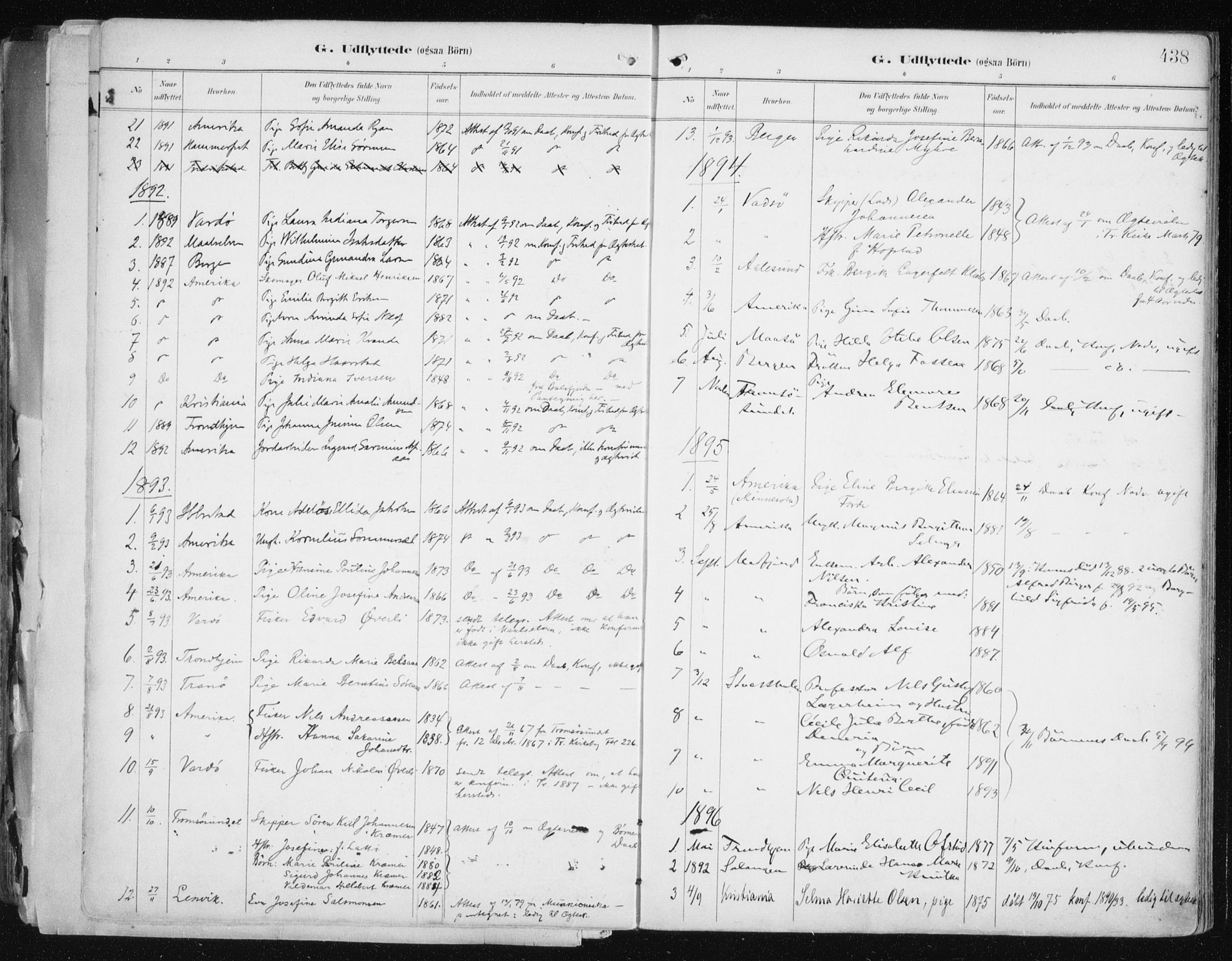 Tromsø sokneprestkontor/stiftsprosti/domprosti, SATØ/S-1343/G/Ga/L0015kirke: Parish register (official) no. 15, 1889-1899, p. 438