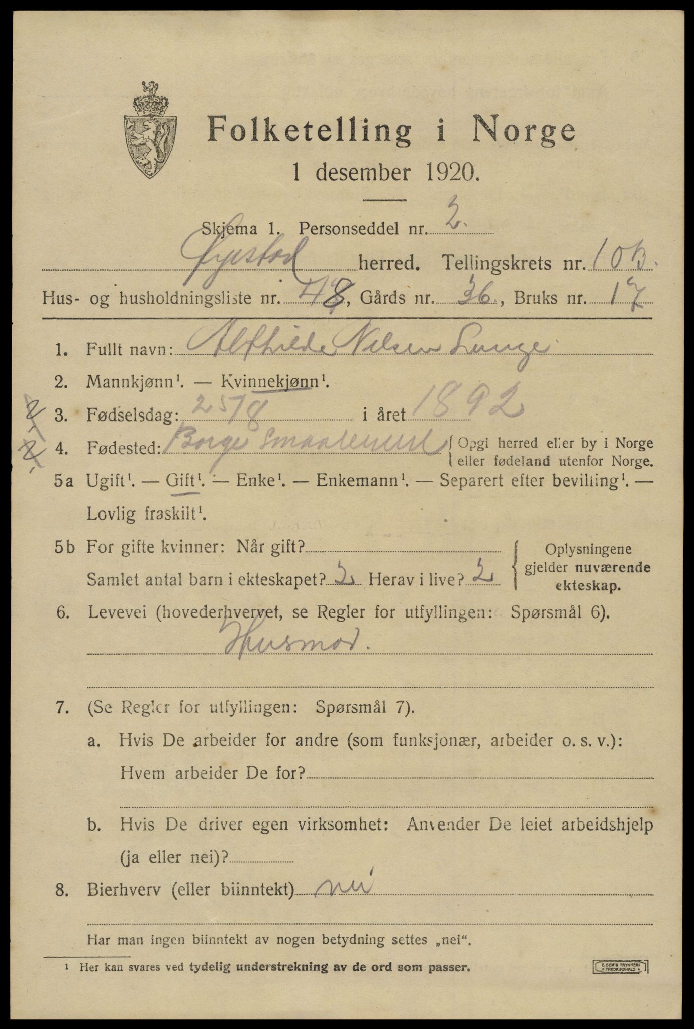 SAK, 1920 census for Øyestad, 1920, p. 6940