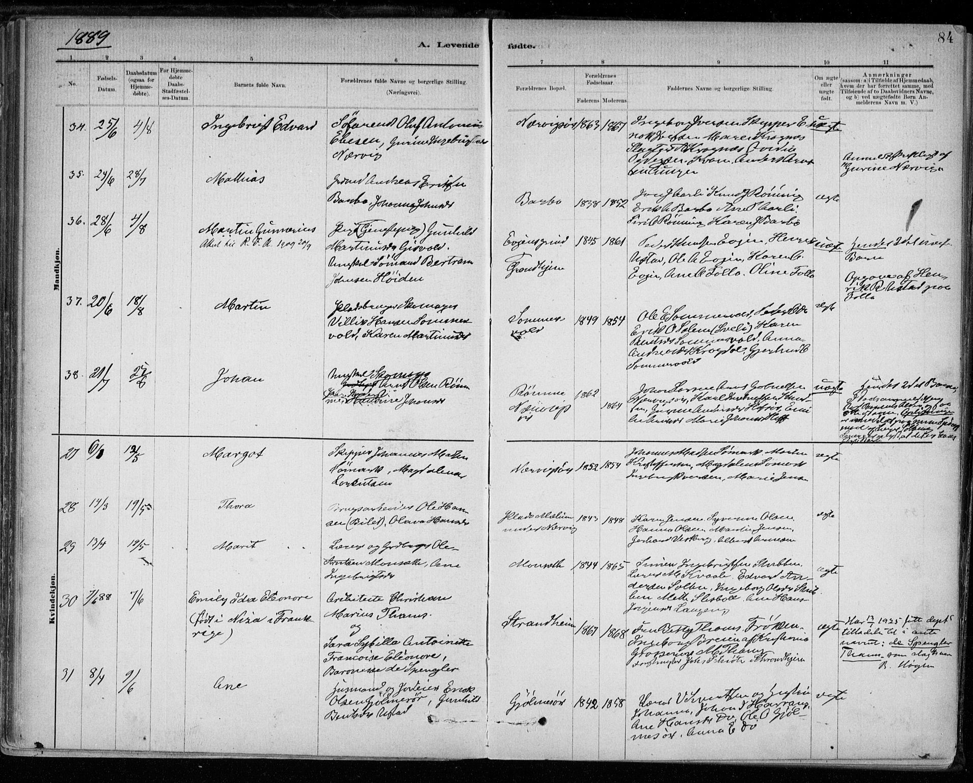Ministerialprotokoller, klokkerbøker og fødselsregistre - Sør-Trøndelag, SAT/A-1456/668/L0809: Parish register (official) no. 668A09, 1881-1895, p. 84