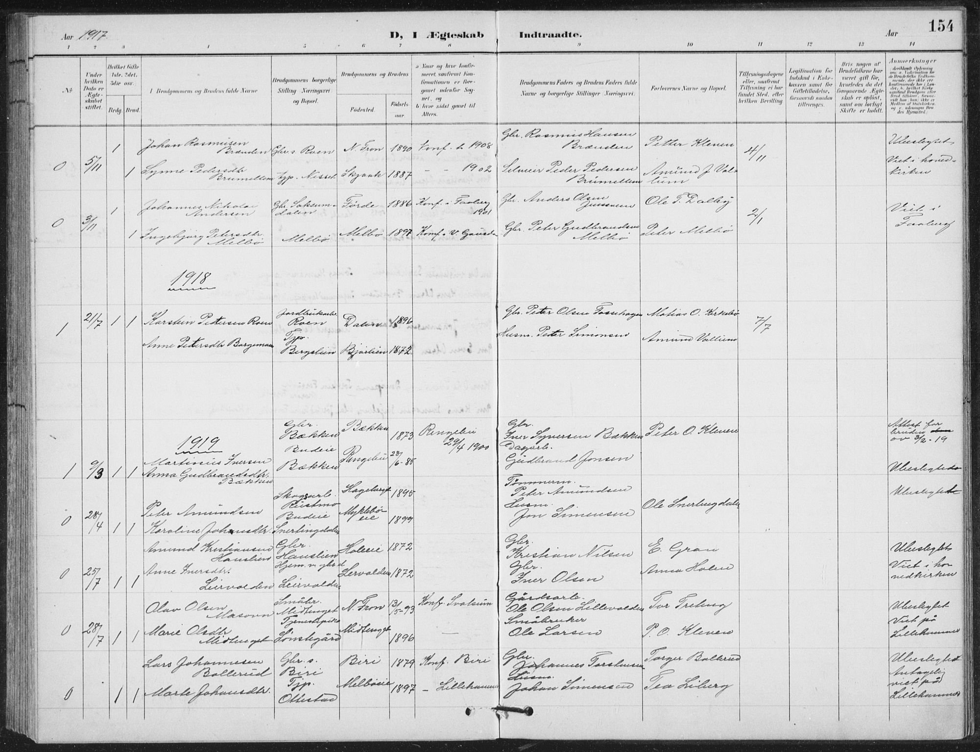 Vestre Gausdal prestekontor, SAH/PREST-094/H/Ha/Hab/L0004: Parish register (copy) no. 4, 1898-1939, p. 154