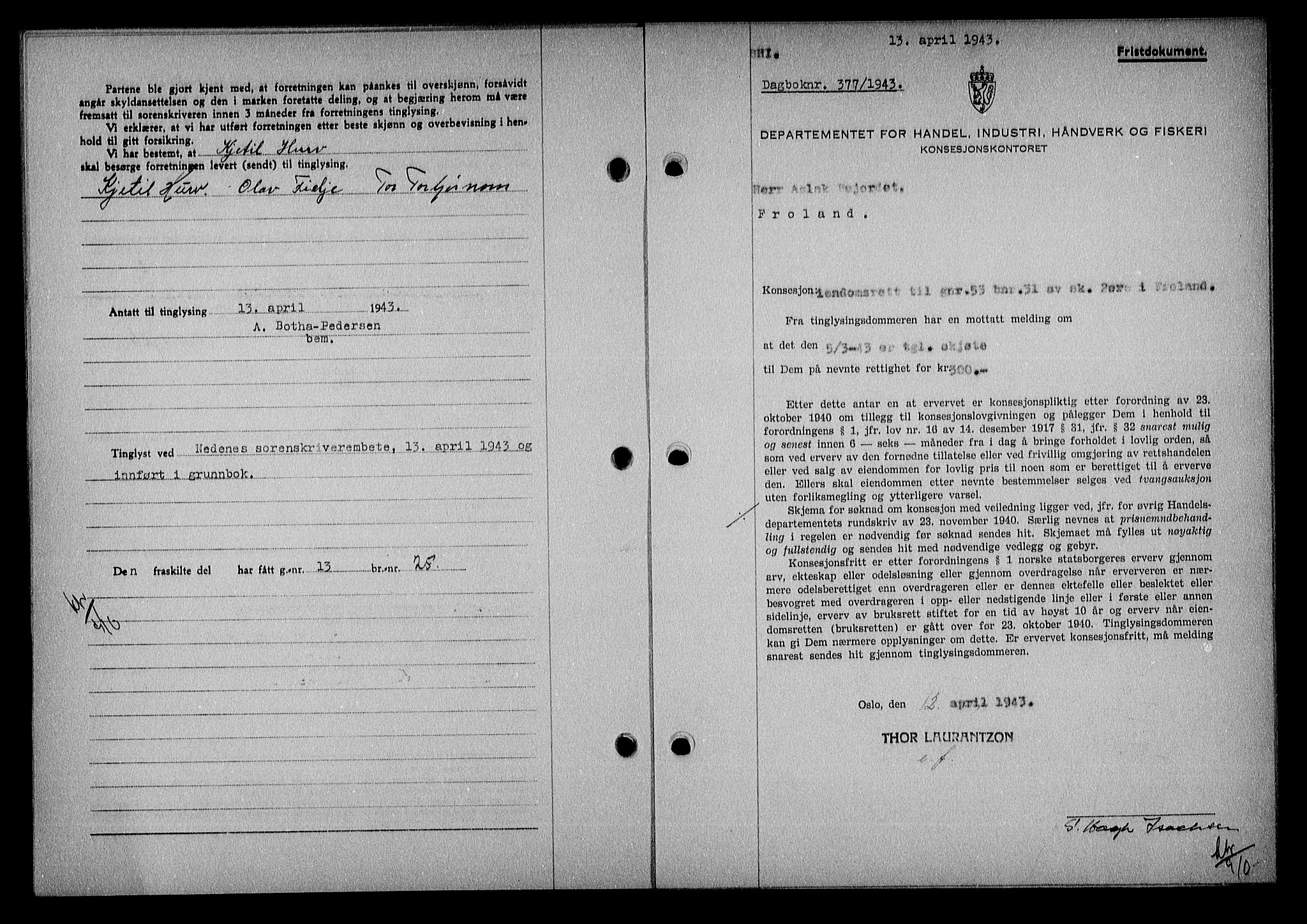 Nedenes sorenskriveri, SAK/1221-0006/G/Gb/Gba/L0050: Mortgage book no. A-IV, 1942-1943, Diary no: : 377/1943