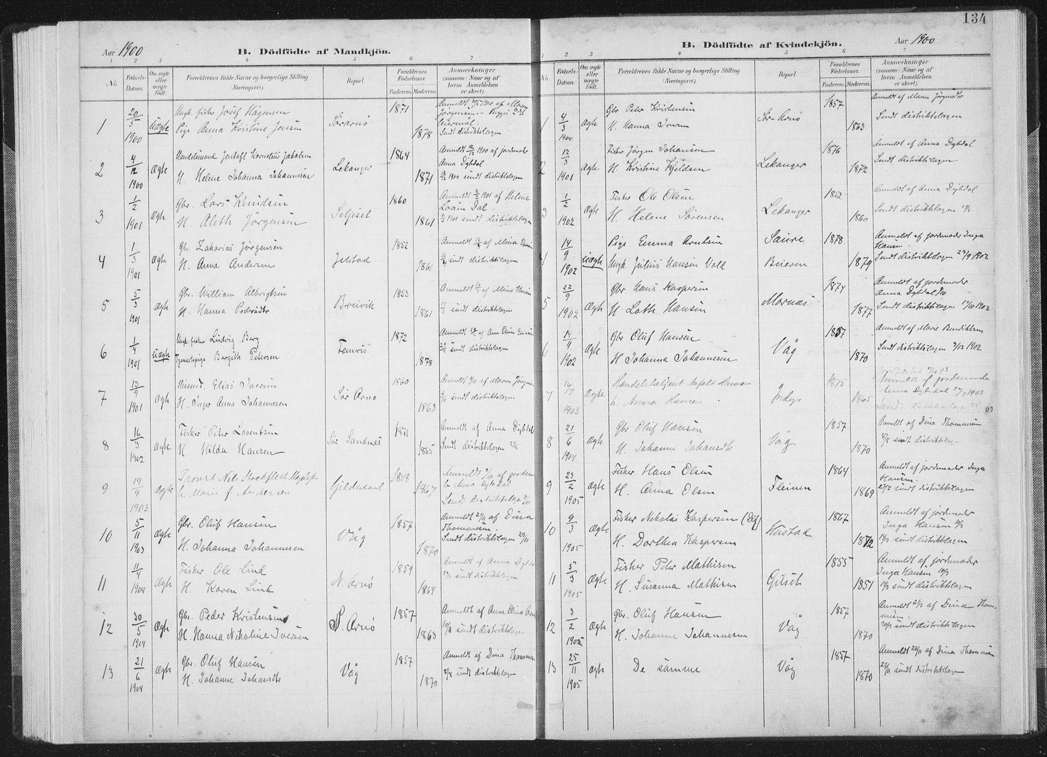 Ministerialprotokoller, klokkerbøker og fødselsregistre - Nordland, AV/SAT-A-1459/805/L0102: Parish register (official) no. 805A08I, 1900-1909, p. 134