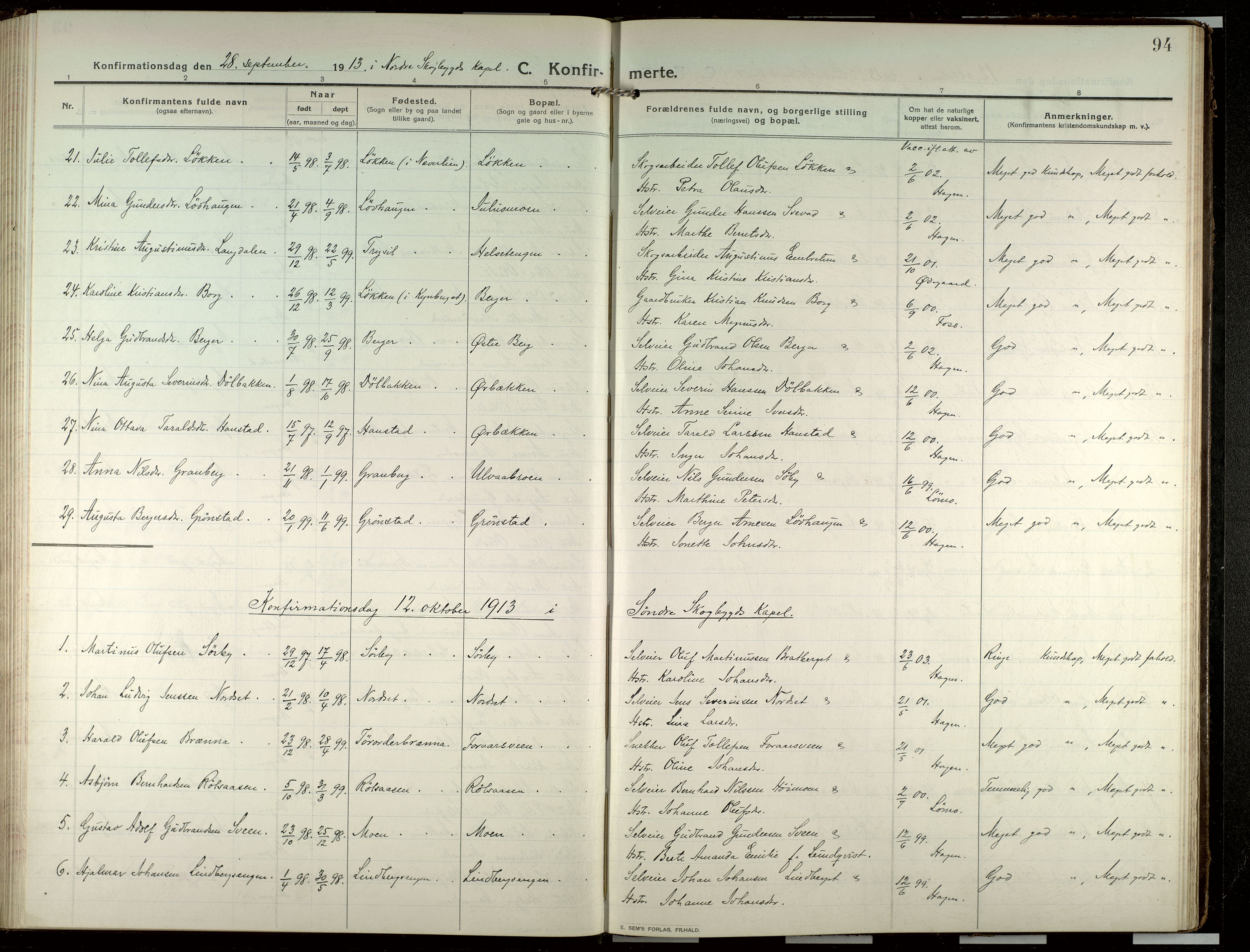 Elverum prestekontor, SAH/PREST-044/H/Ha/Haa/L0022: Parish register (official) no. 22, 1913-1924, p. 94