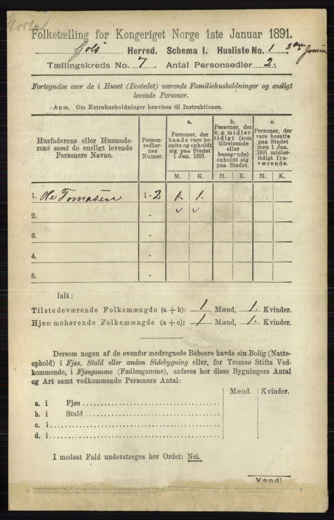 RA, 1891 census for 0617 Gol og Hemsedal, 1891, p. 2772